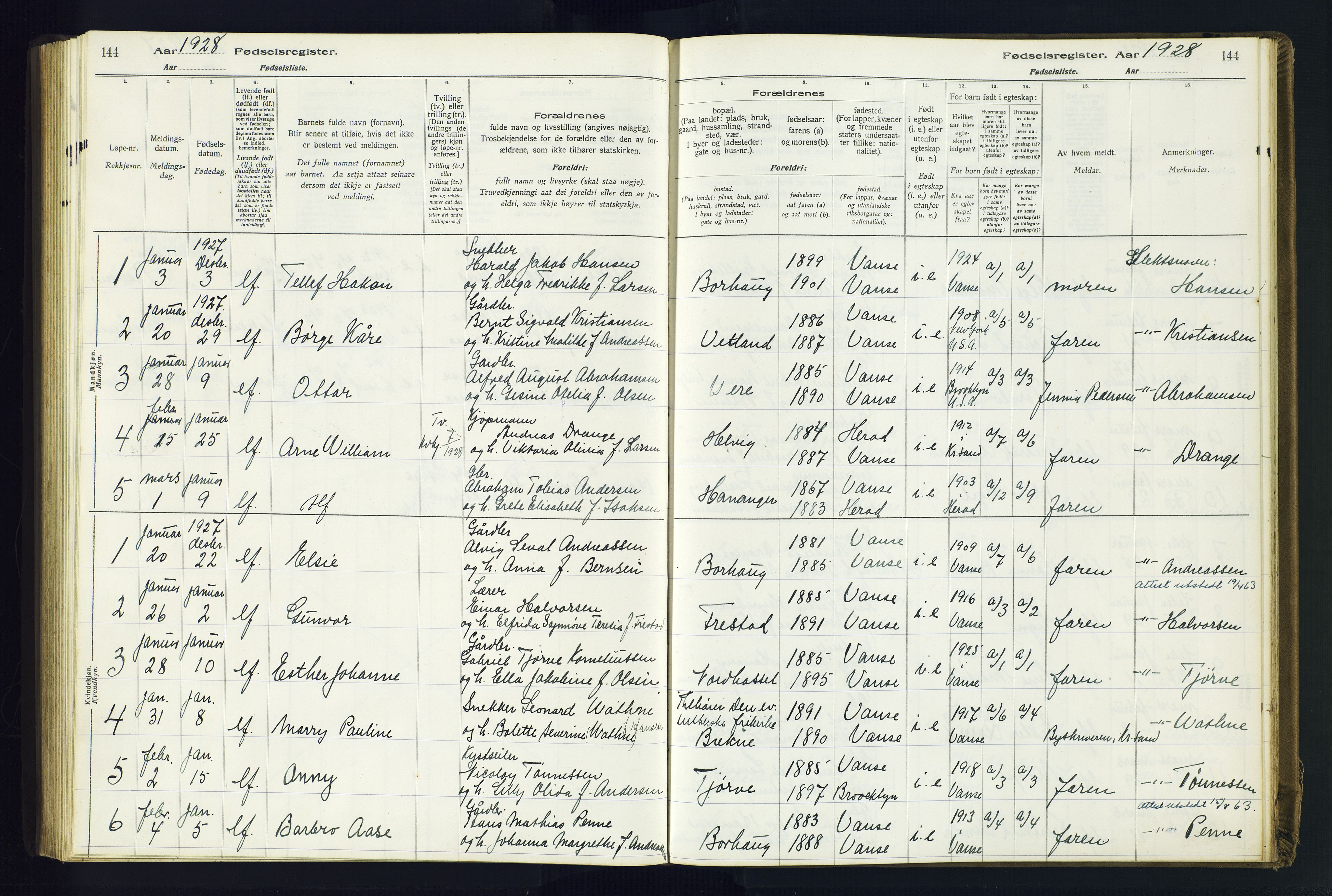 Lista sokneprestkontor, SAK/1111-0027/J/Ja/L0001: Fødselsregister nr. A-VI-30, 1916-1934, s. 144