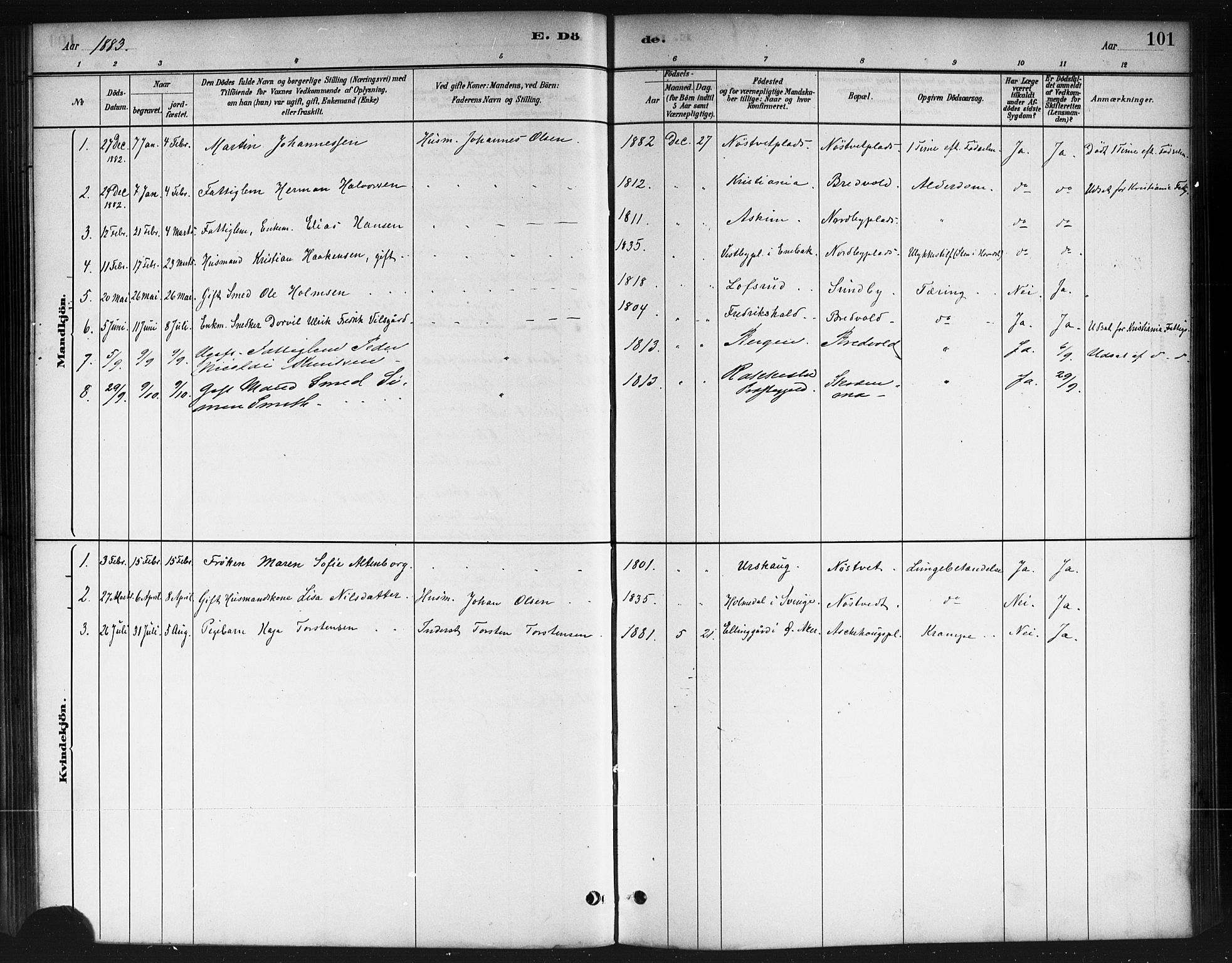 Ås prestekontor Kirkebøker, AV/SAO-A-10894/F/Fb/L0001: Ministerialbok nr. II 1, 1881-1895, s. 101