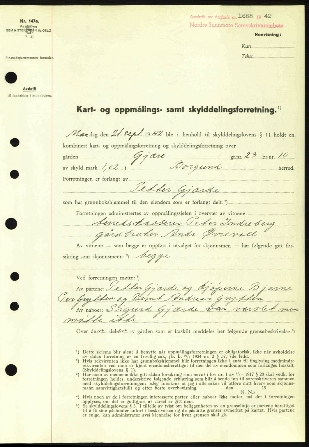Nordre Sunnmøre sorenskriveri, SAT/A-0006/1/2/2C/2Ca: Pantebok nr. A14, 1942-1942, Dagboknr: 1688/1942