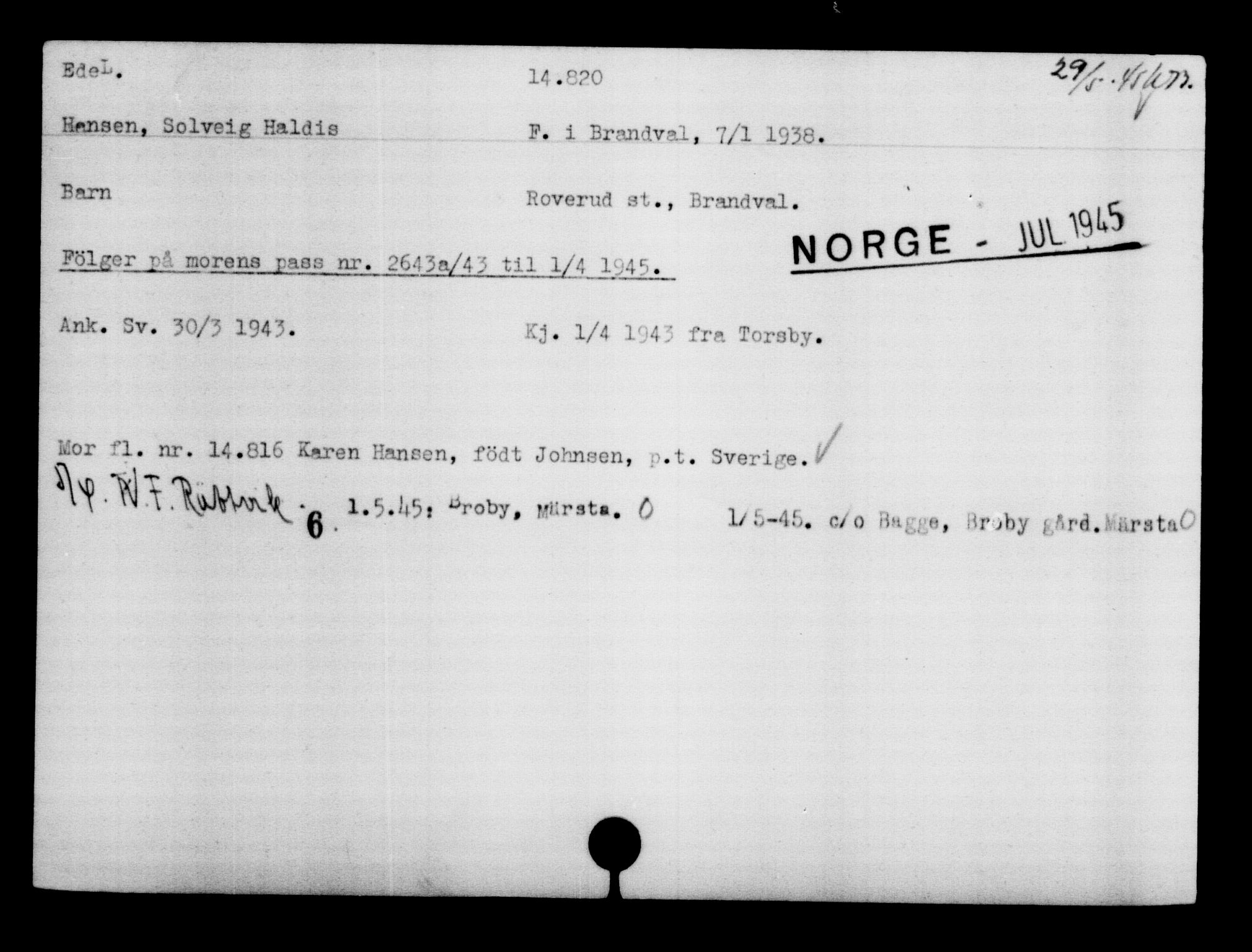 Utenriksstasjonene, Legasjonen i Stockholm, Flyktningkontoret, AV/RA-S-6753/V/Va/L0007: Kjesäterkartoteket, flyktninger med registreringsnr. 12700-15723, 1940-1945, s. 2445