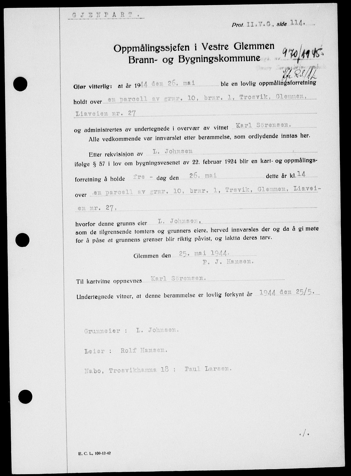 Onsøy sorenskriveri, SAO/A-10474/G/Ga/Gab/L0014: Pantebok nr. II A-14, 1944-1945, Dagboknr: 970/1945