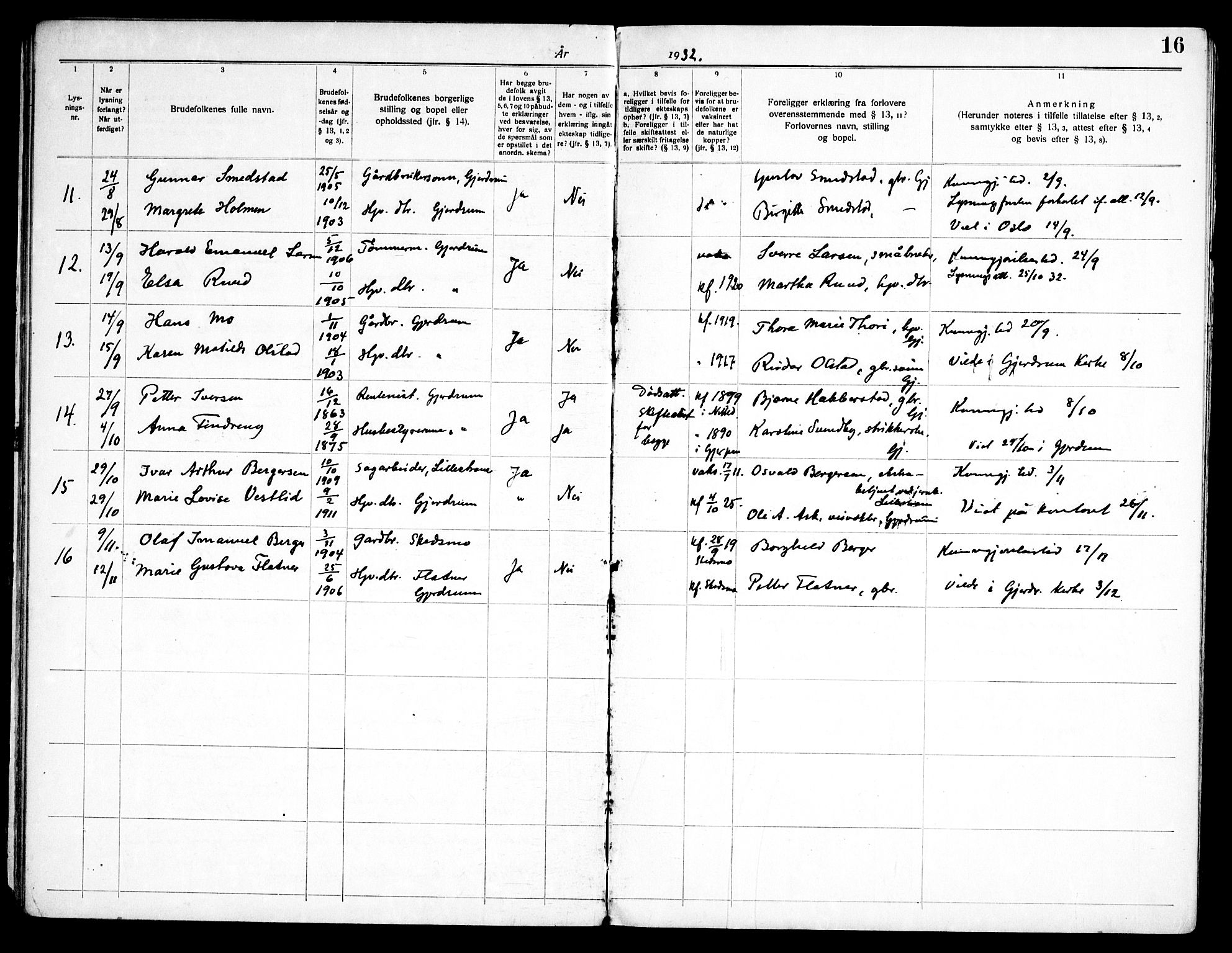 Gjerdrum prestekontor Kirkebøker, AV/SAO-A-10412b/H/Ha/L0001: Lysningsprotokoll nr. 1, 1920-1969, s. 16