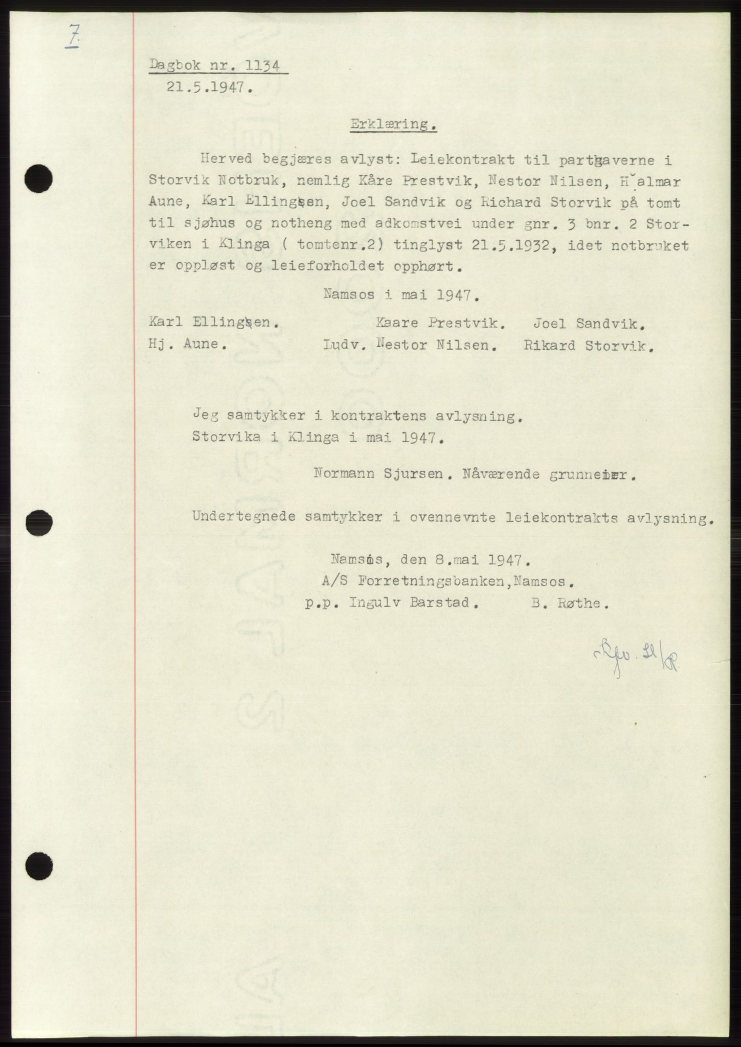 Namdal sorenskriveri, SAT/A-4133/1/2/2C: Pantebok nr. -, 1947-1947, Dagboknr: 1134/1947