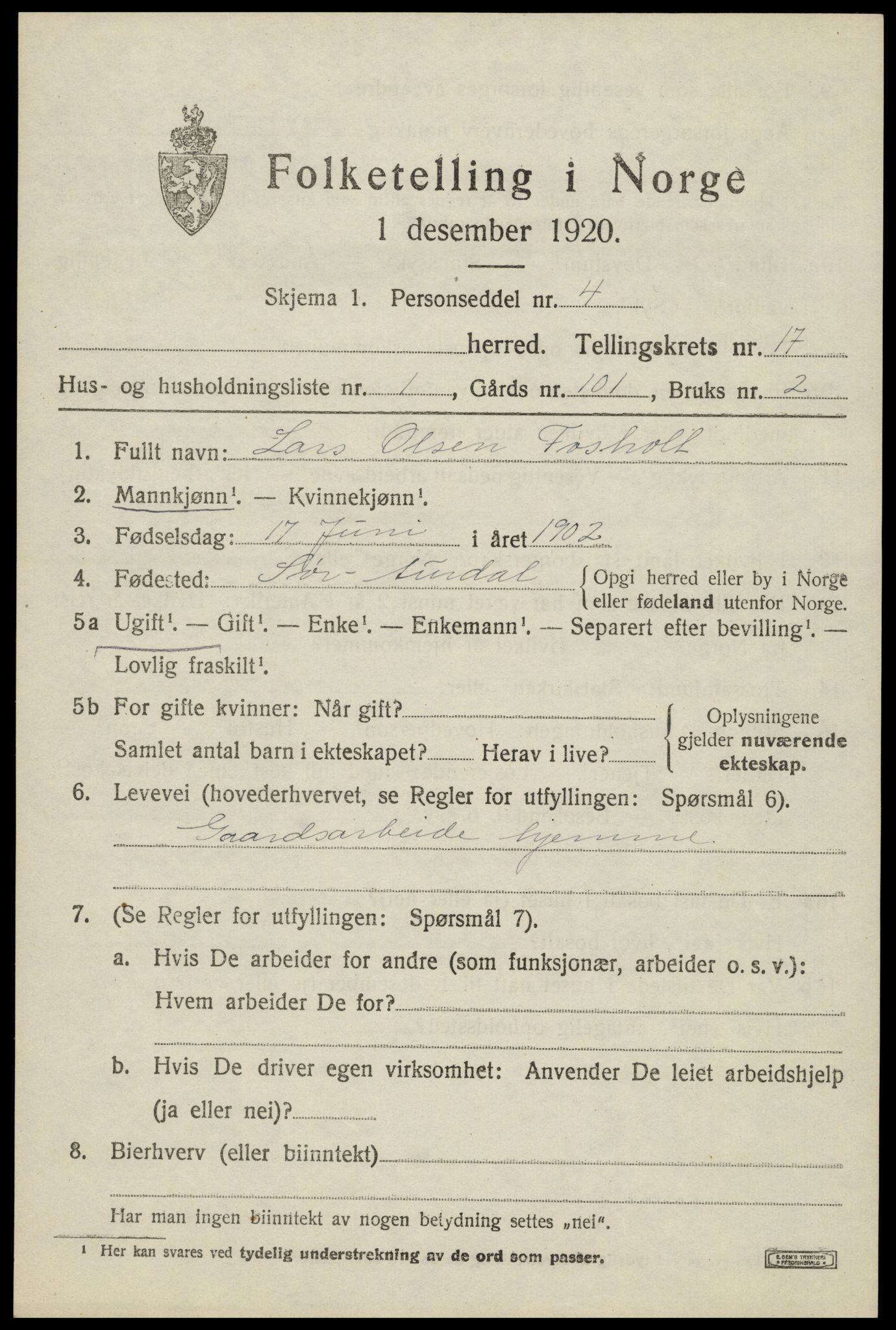 SAH, Folketelling 1920 for 0540 Sør-Aurdal herred, 1920, s. 9779