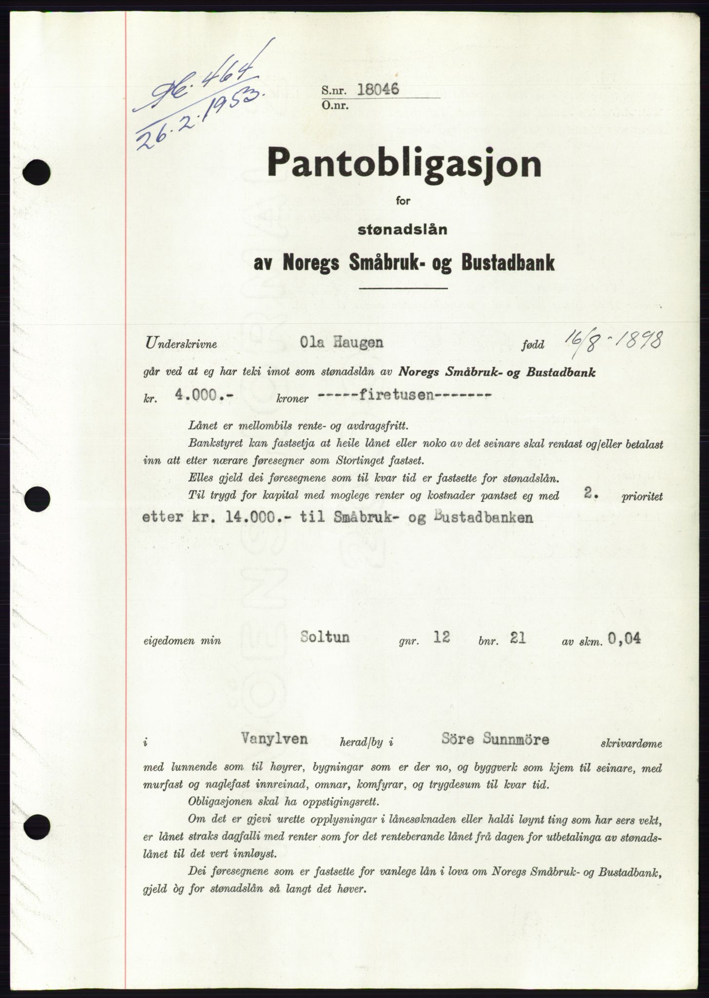 Søre Sunnmøre sorenskriveri, SAT/A-4122/1/2/2C/L0123: Pantebok nr. 11B, 1953-1953, Dagboknr: 464/1953