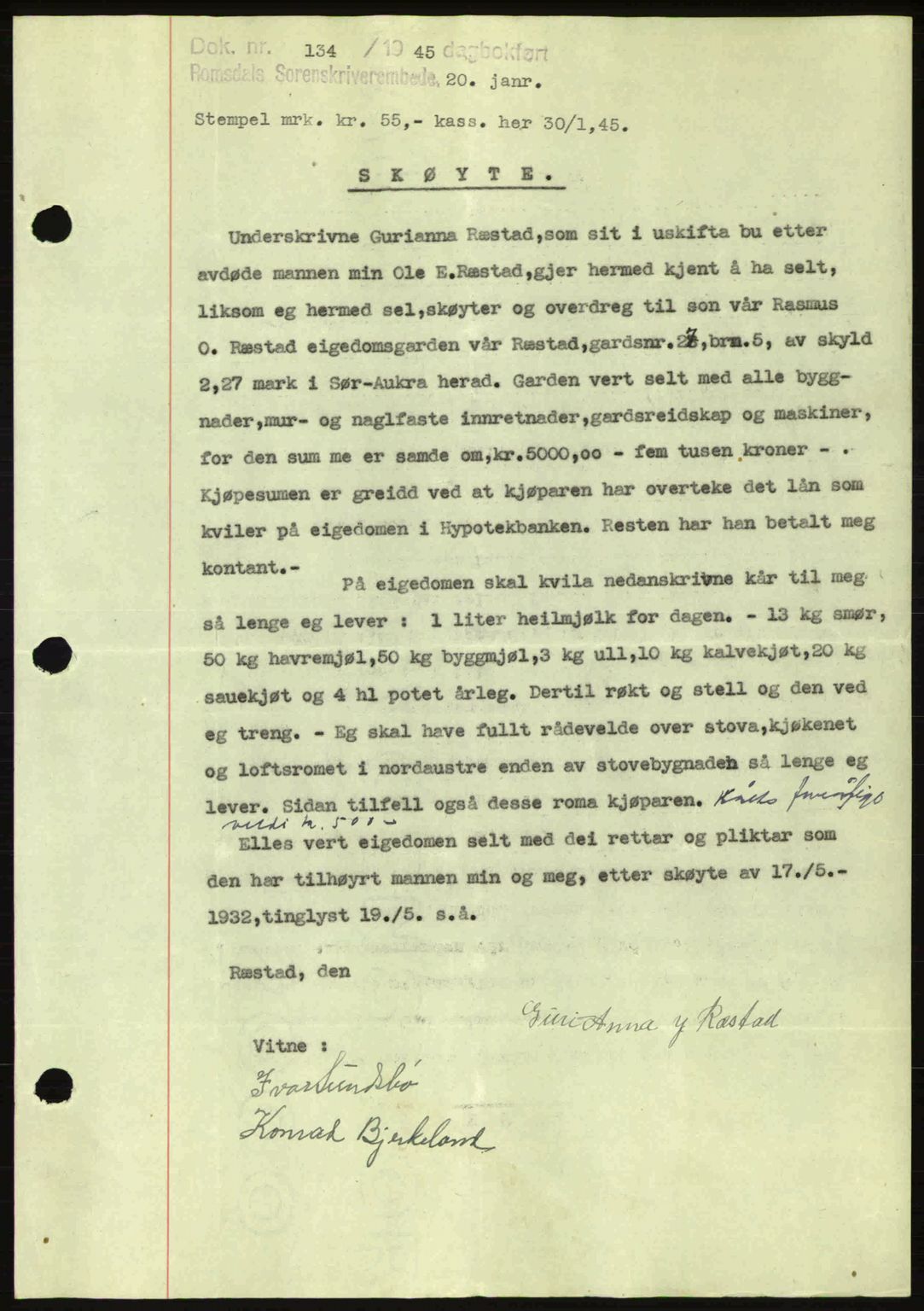 Romsdal sorenskriveri, SAT/A-4149/1/2/2C: Pantebok nr. A17, 1944-1945, Dagboknr: 134/1945