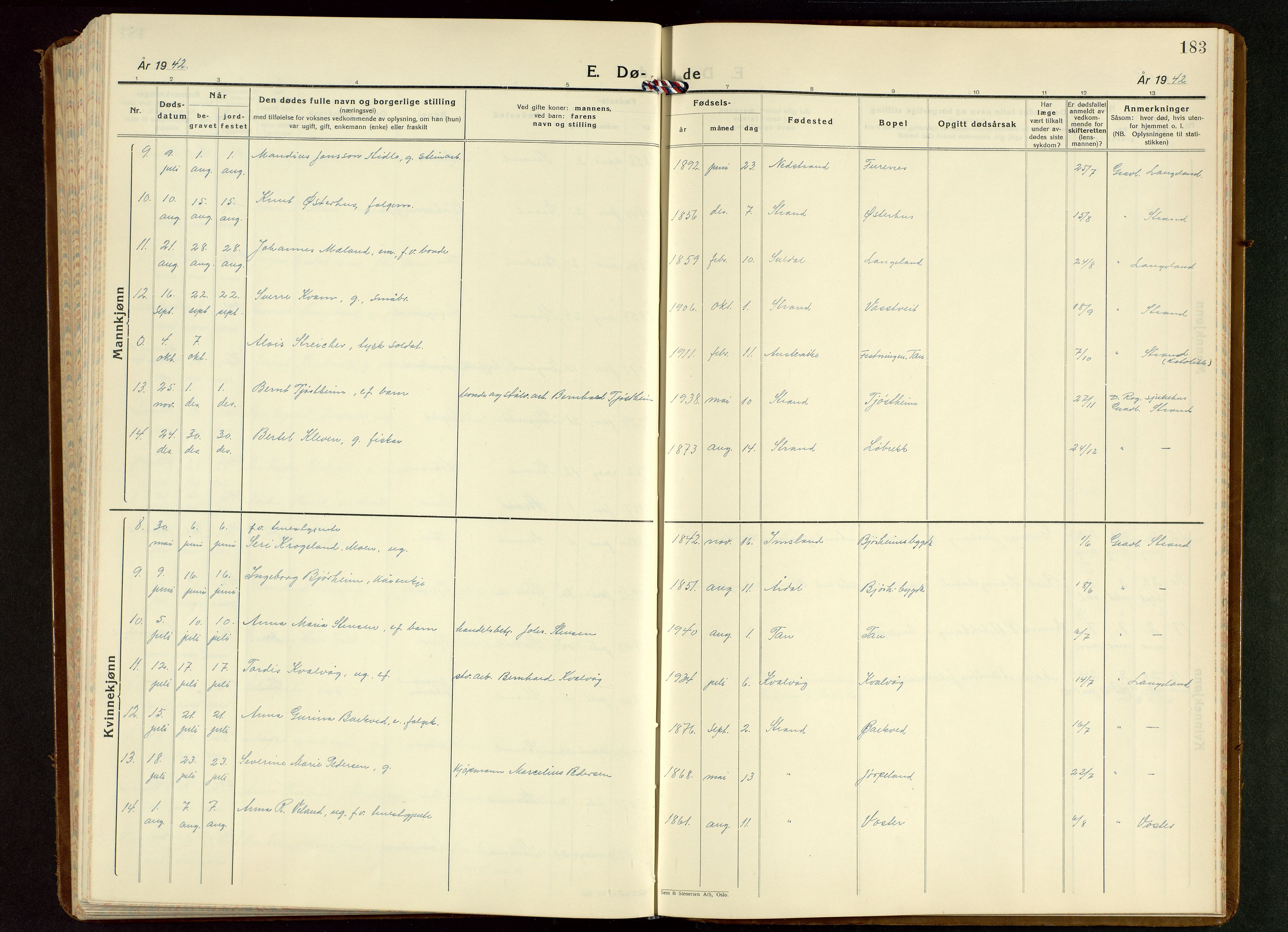 Strand sokneprestkontor, SAST/A-101828/H/Ha/Hab/L0006: Klokkerbok nr. B 6, 1933-1950, s. 183