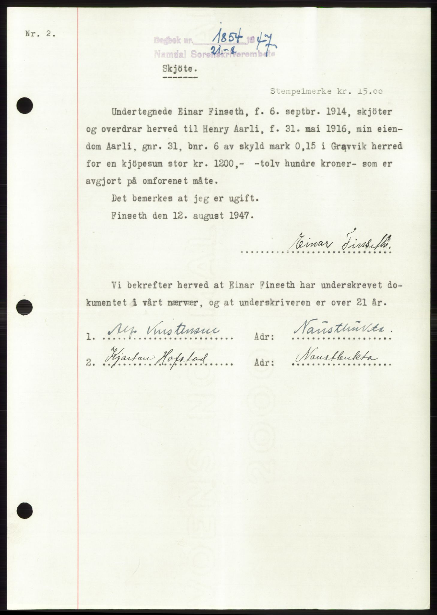 Namdal sorenskriveri, SAT/A-4133/1/2/2C: Pantebok nr. -, 1947-1947, Dagboknr: 1854/1947