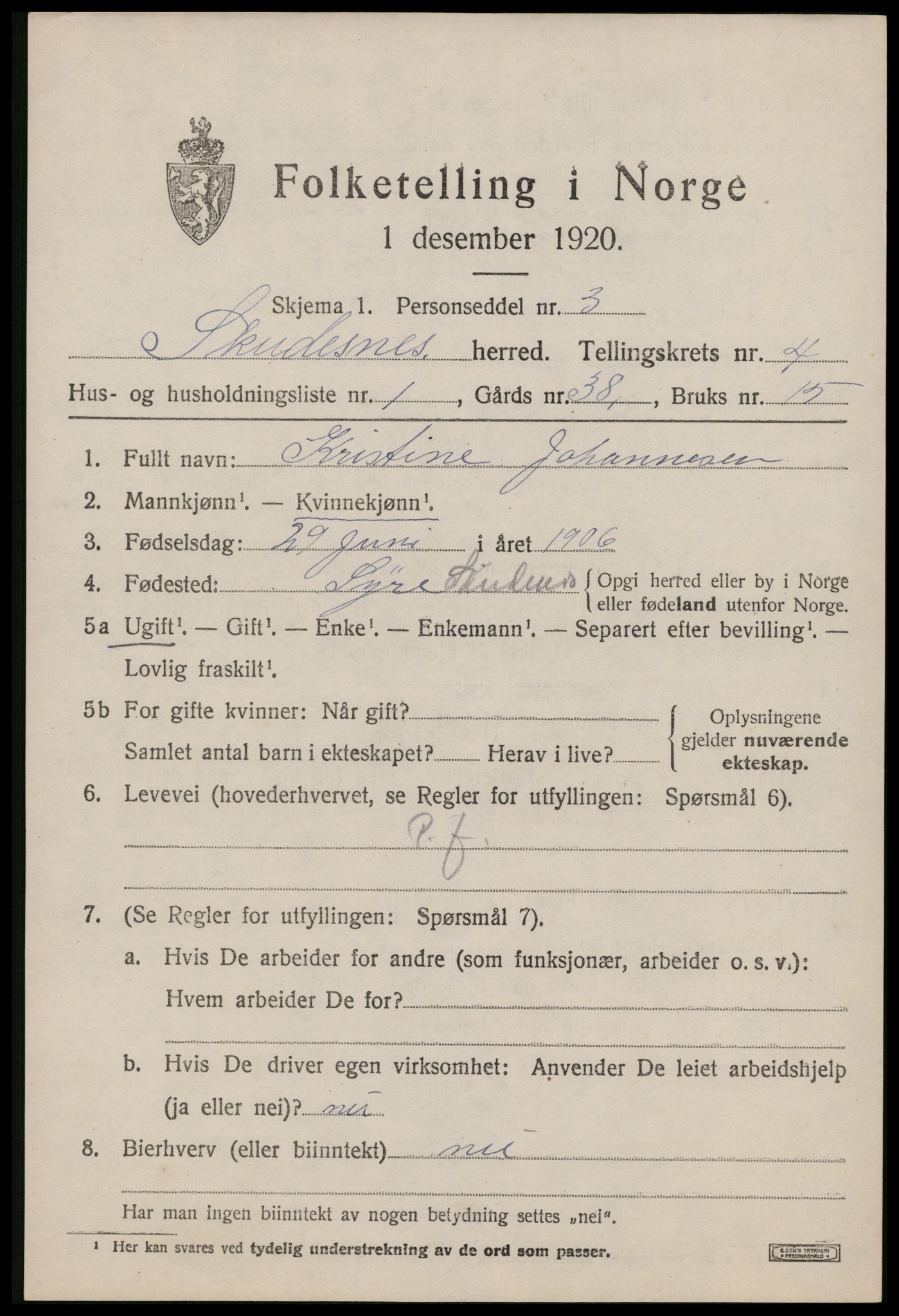 SAST, Folketelling 1920 for 1150 Skudenes herred, 1920, s. 3386