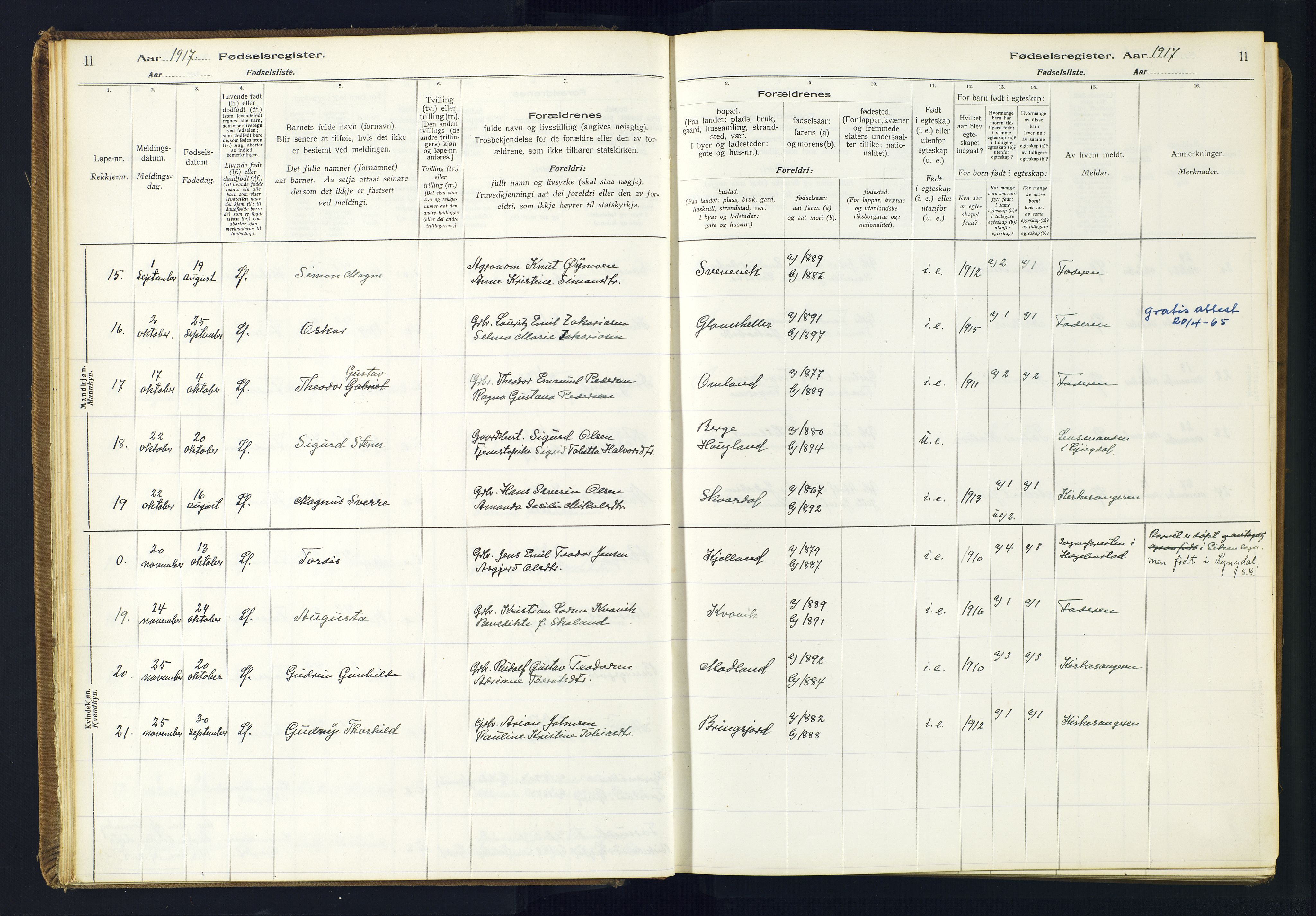 Lyngdal sokneprestkontor, AV/SAK-1111-0029/J/Ja/L0001: Fødselsregister nr. A-VI-26, 1916-1951, s. 11