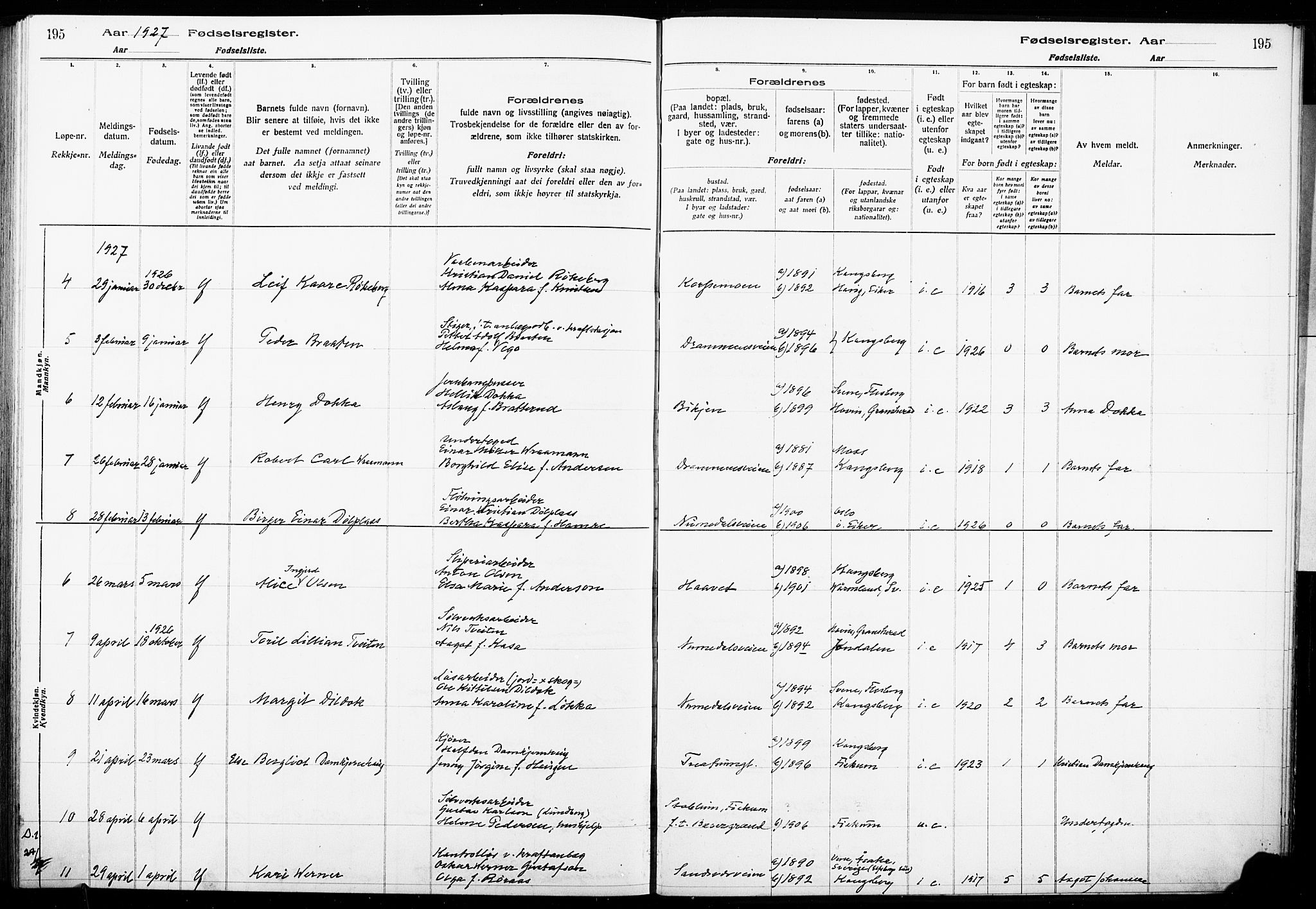 Kongsberg kirkebøker, AV/SAKO-A-22/J/Ja/L0001: Fødselsregister nr. I 1, 1916-1927, s. 195