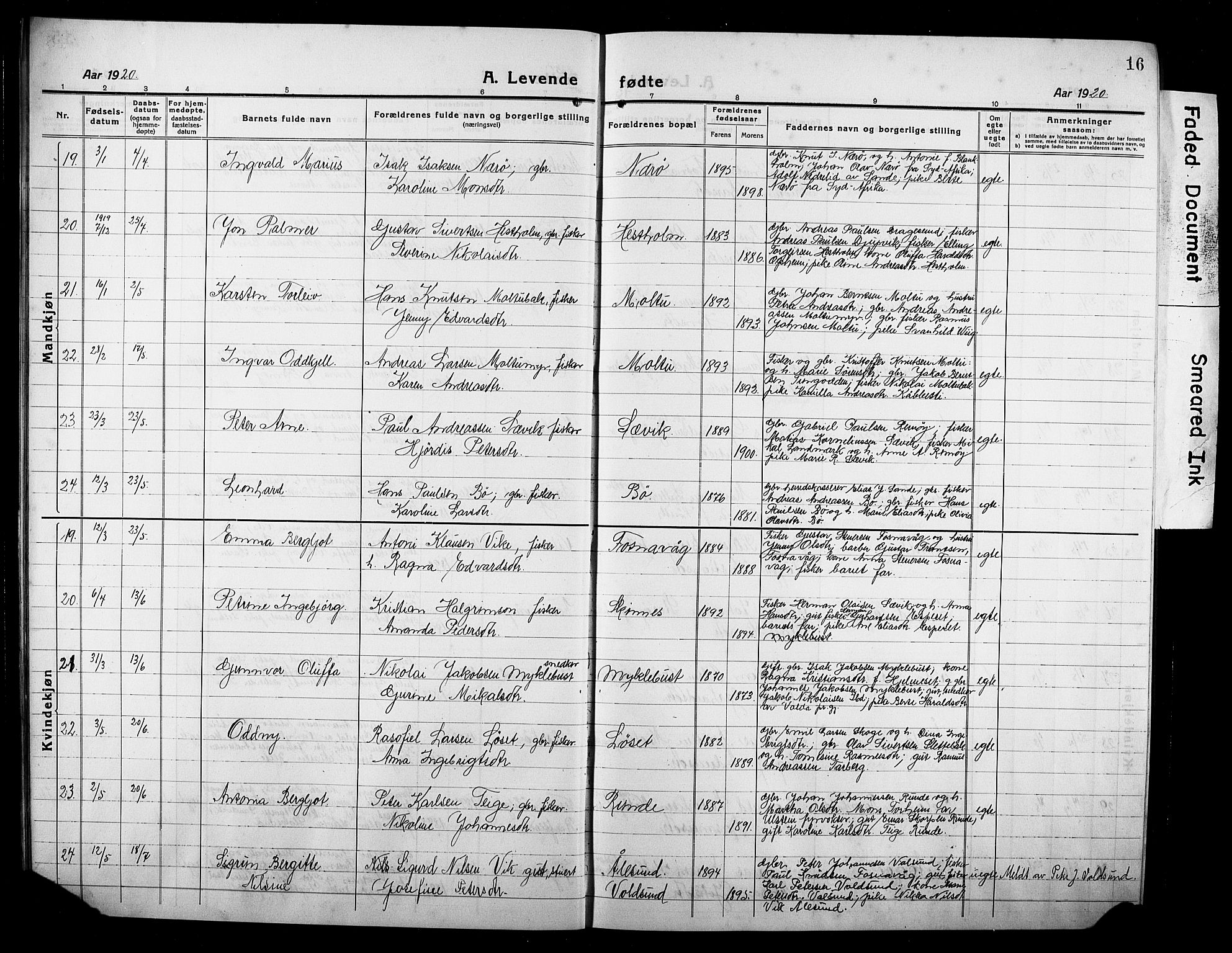 Ministerialprotokoller, klokkerbøker og fødselsregistre - Møre og Romsdal, AV/SAT-A-1454/507/L0084: Klokkerbok nr. 507C07, 1919-1932, s. 16