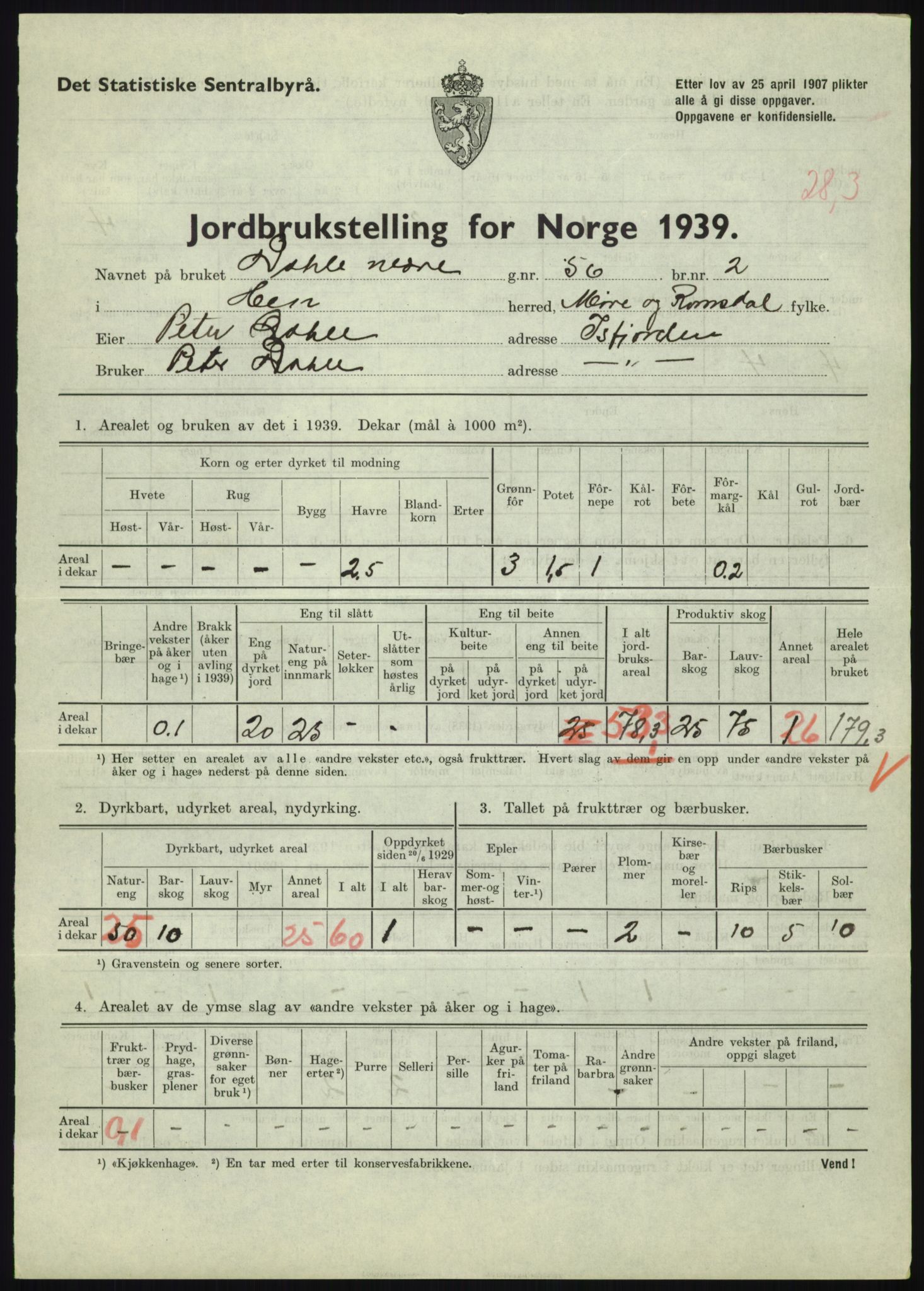 Statistisk sentralbyrå, Næringsøkonomiske emner, Jordbruk, skogbruk, jakt, fiske og fangst, AV/RA-S-2234/G/Gb/L0251: Møre og Romsdal: Voll, Eid, Grytten og Hen, 1939, s. 1365