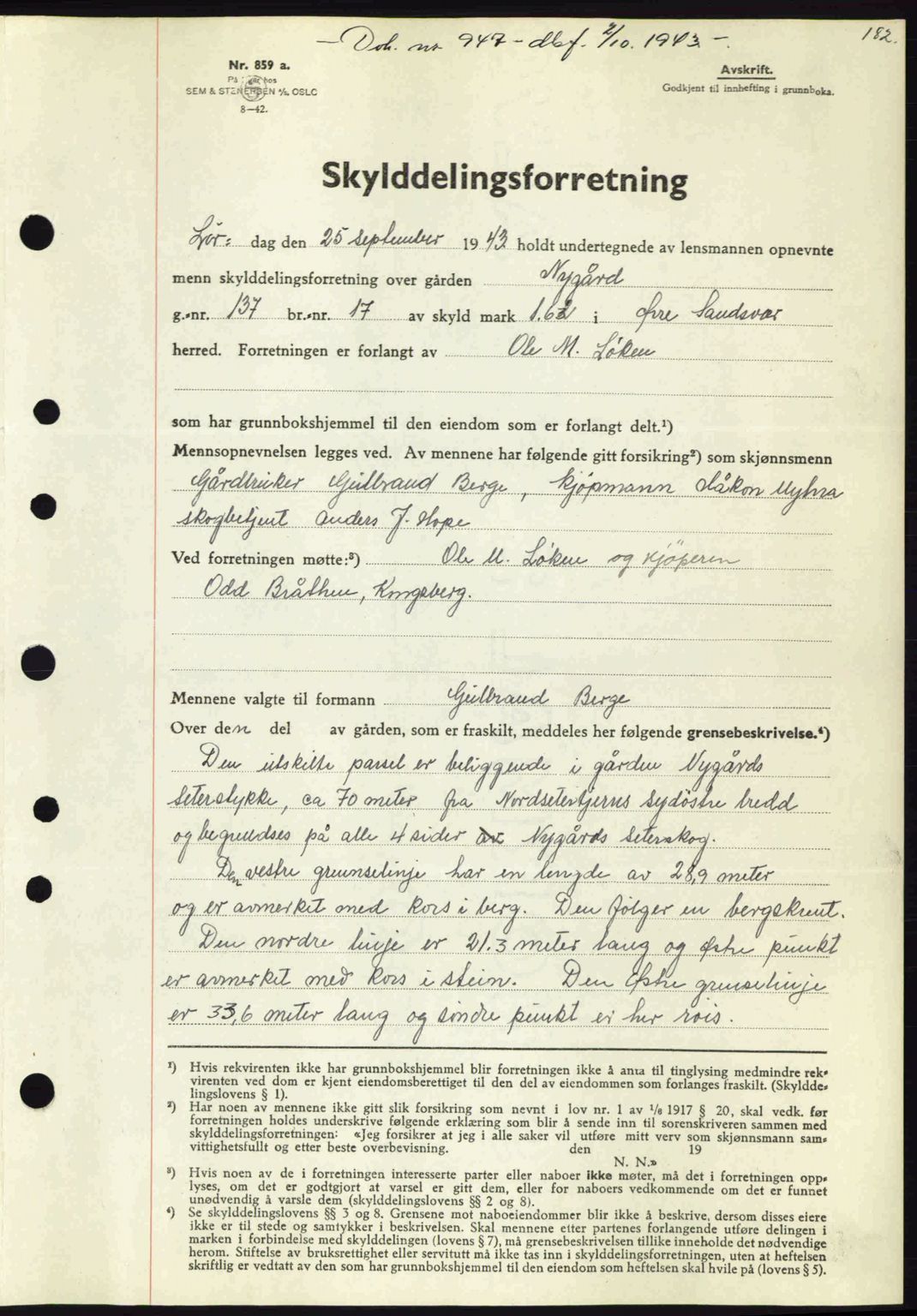 Numedal og Sandsvær sorenskriveri, SAKO/A-128/G/Ga/Gaa/L0055: Pantebok nr. A7, 1943-1944, Dagboknr: 947/1943