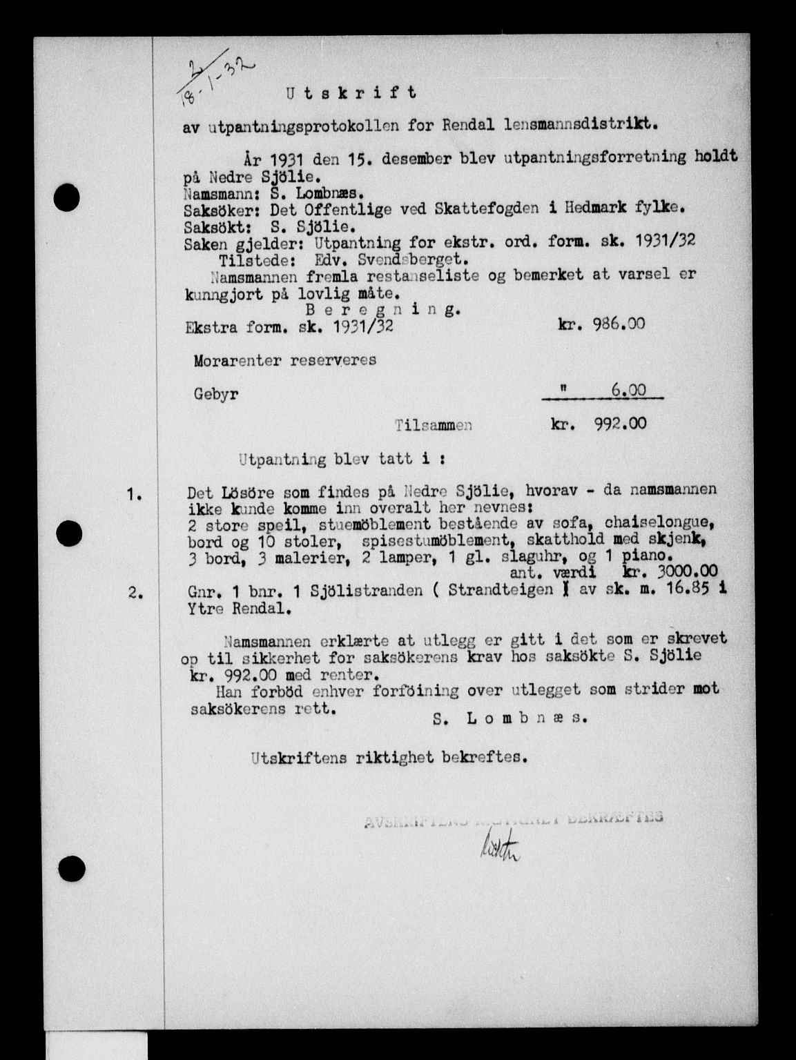 Nord-Østerdal tingrett, SAH/TING-020/H/Hb/Hba/L0046: Pantebok nr. 46, 1931-1932, Tingl.dato: 18.01.1932