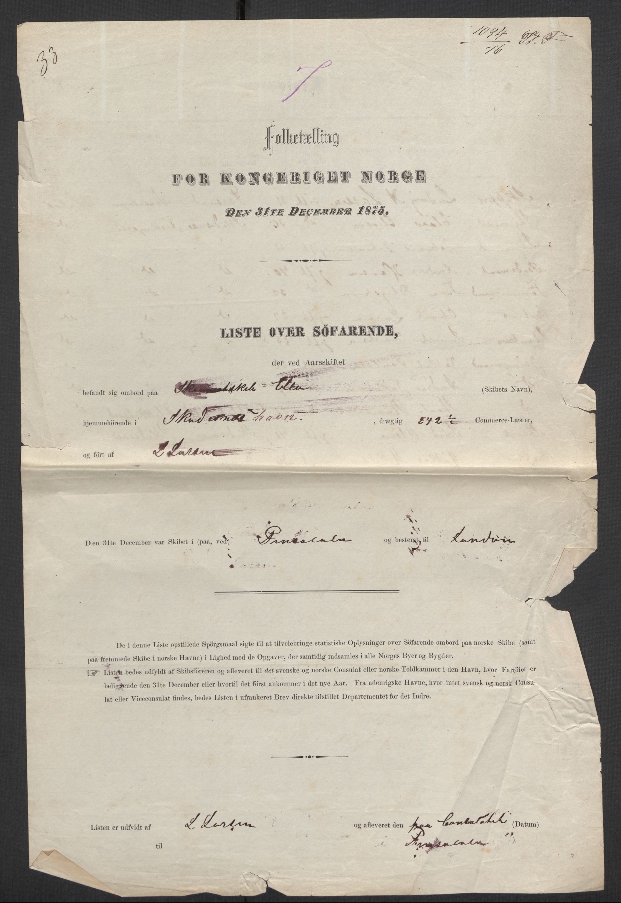 RA, Folketelling 1875, skipslister: Skip i utenrikske havner, hjemmehørende i 1) byer og ladesteder, Grimstad - Tromsø, 2) landdistrikter, 1875, s. 757