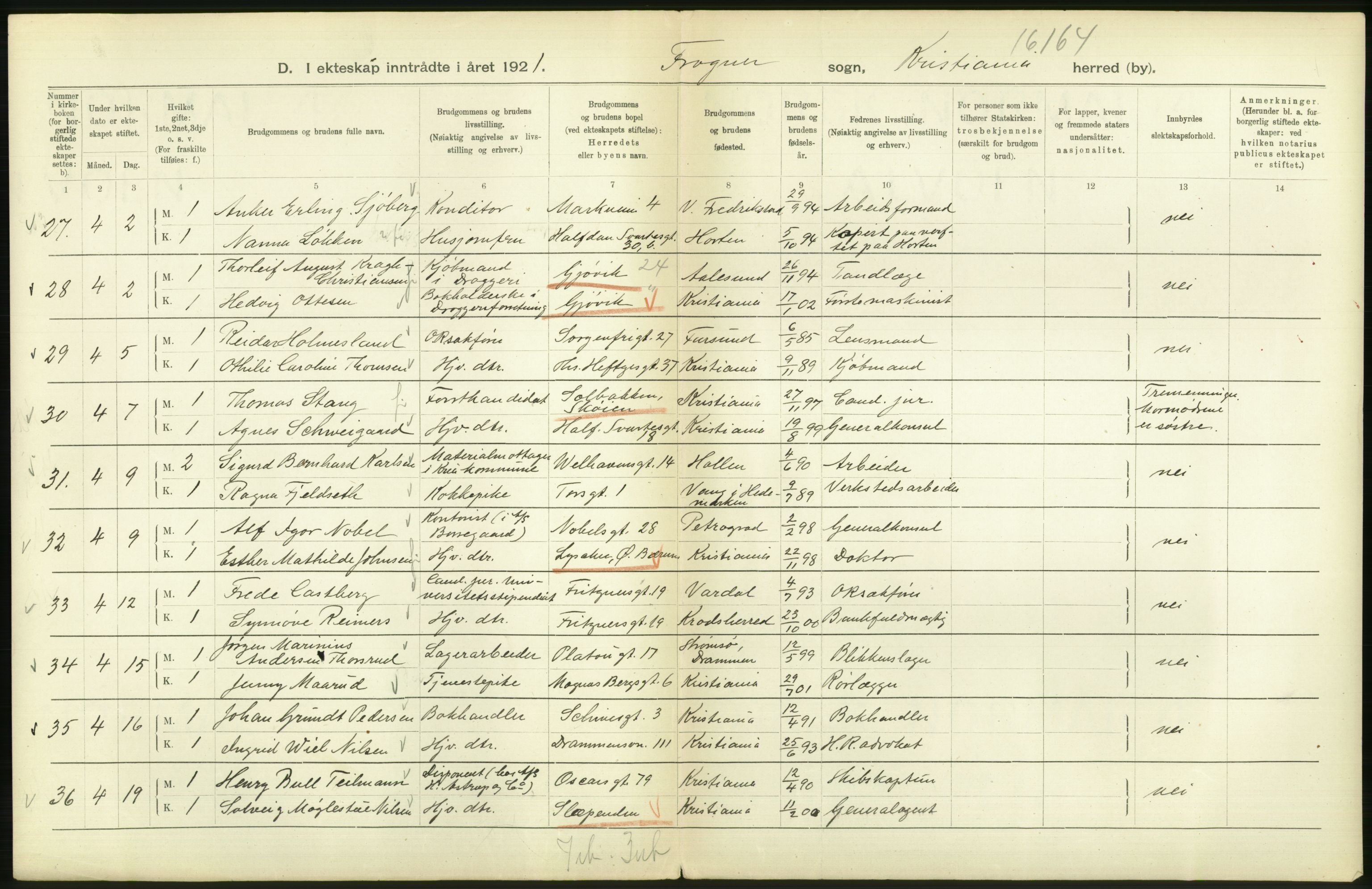 Statistisk sentralbyrå, Sosiodemografiske emner, Befolkning, RA/S-2228/D/Df/Dfc/Dfca/L0011: Kristiania: Gifte, 1921, s. 110