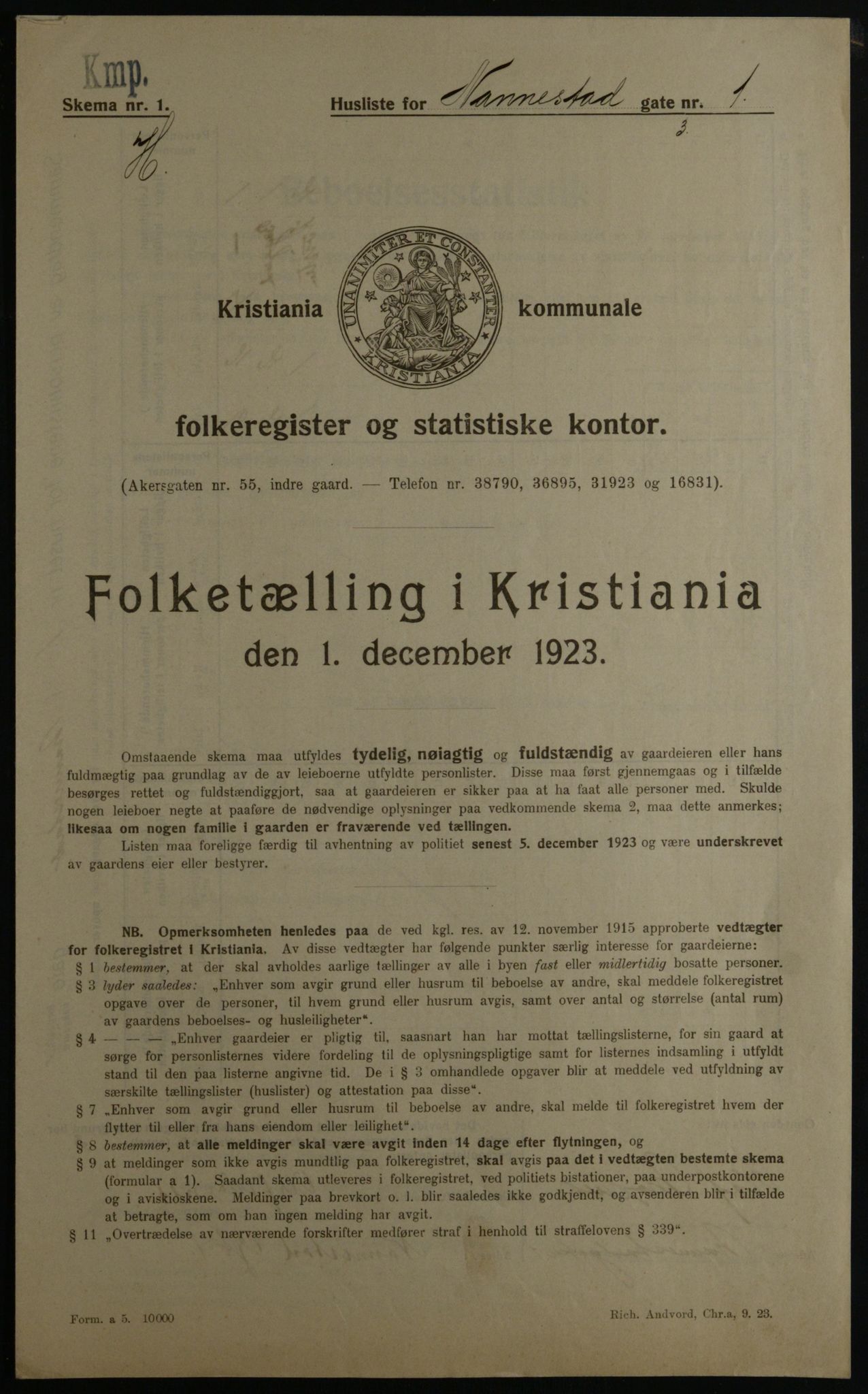 OBA, Kommunal folketelling 1.12.1923 for Kristiania, 1923, s. 76004