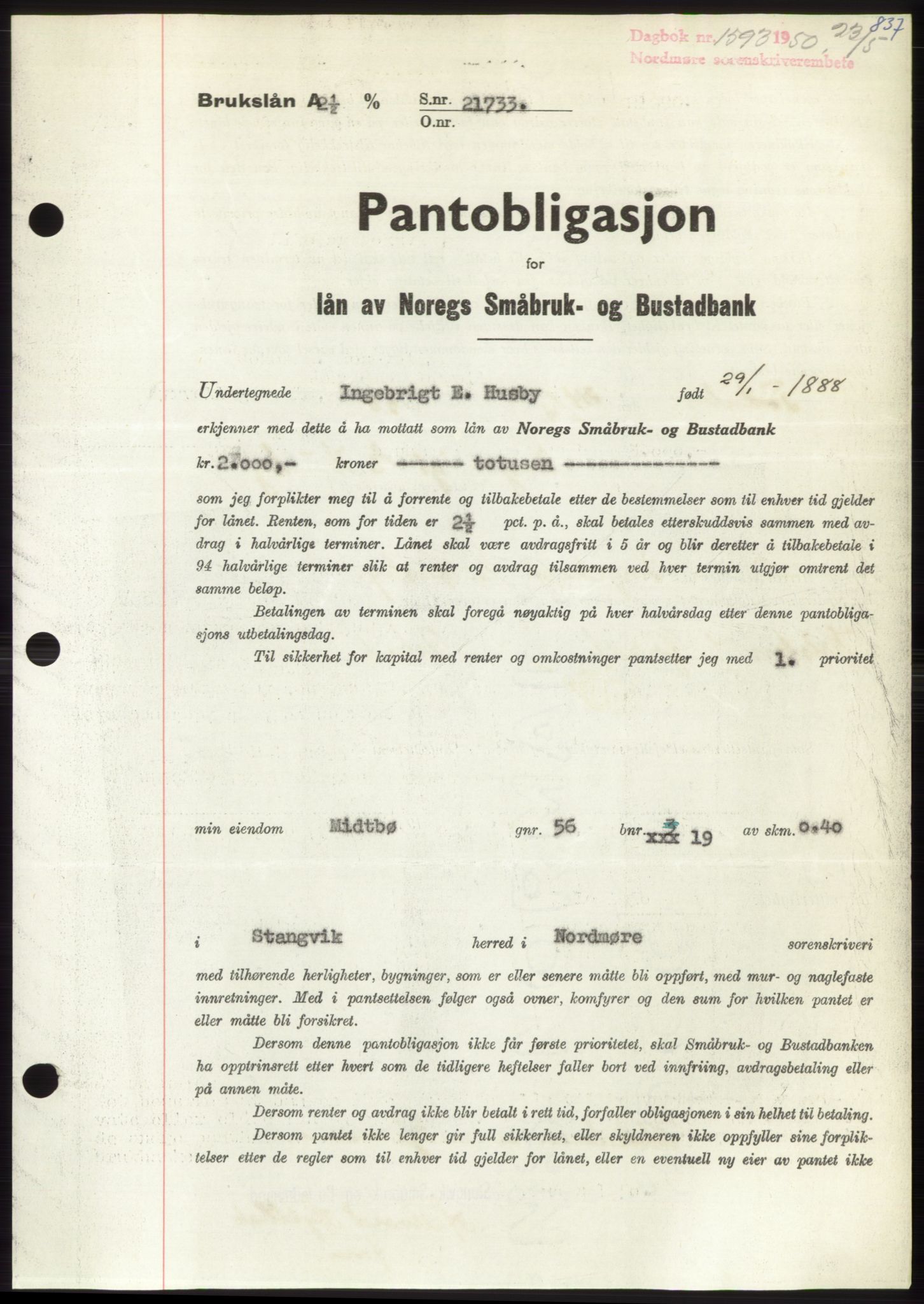 Nordmøre sorenskriveri, SAT/A-4132/1/2/2Ca: Pantebok nr. B104, 1950-1950, Dagboknr: 1593/1950