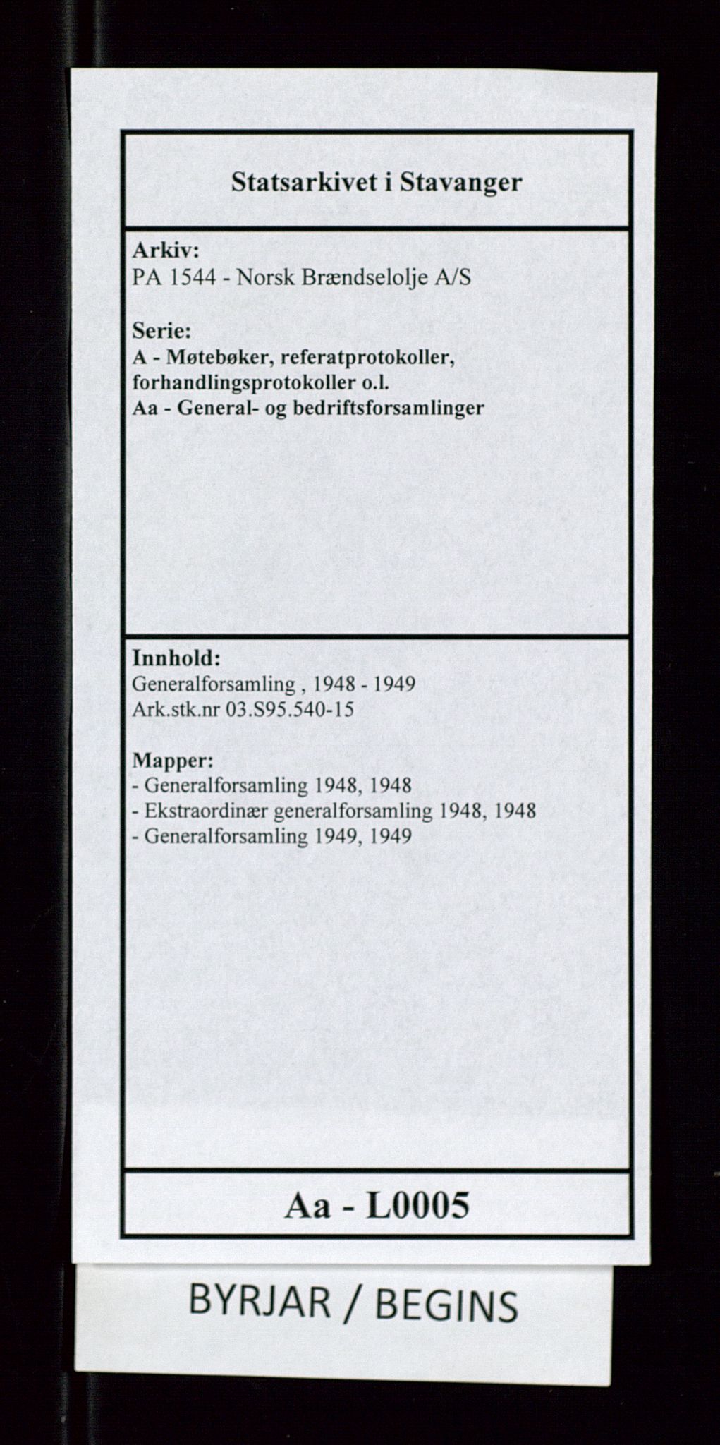 PA 1544 - Norsk Brændselolje A/S, AV/SAST-A-101965/1/A/Aa/L0005/0001: Generalforsamling  / Generalforsamling 1948, 1948, s. 1