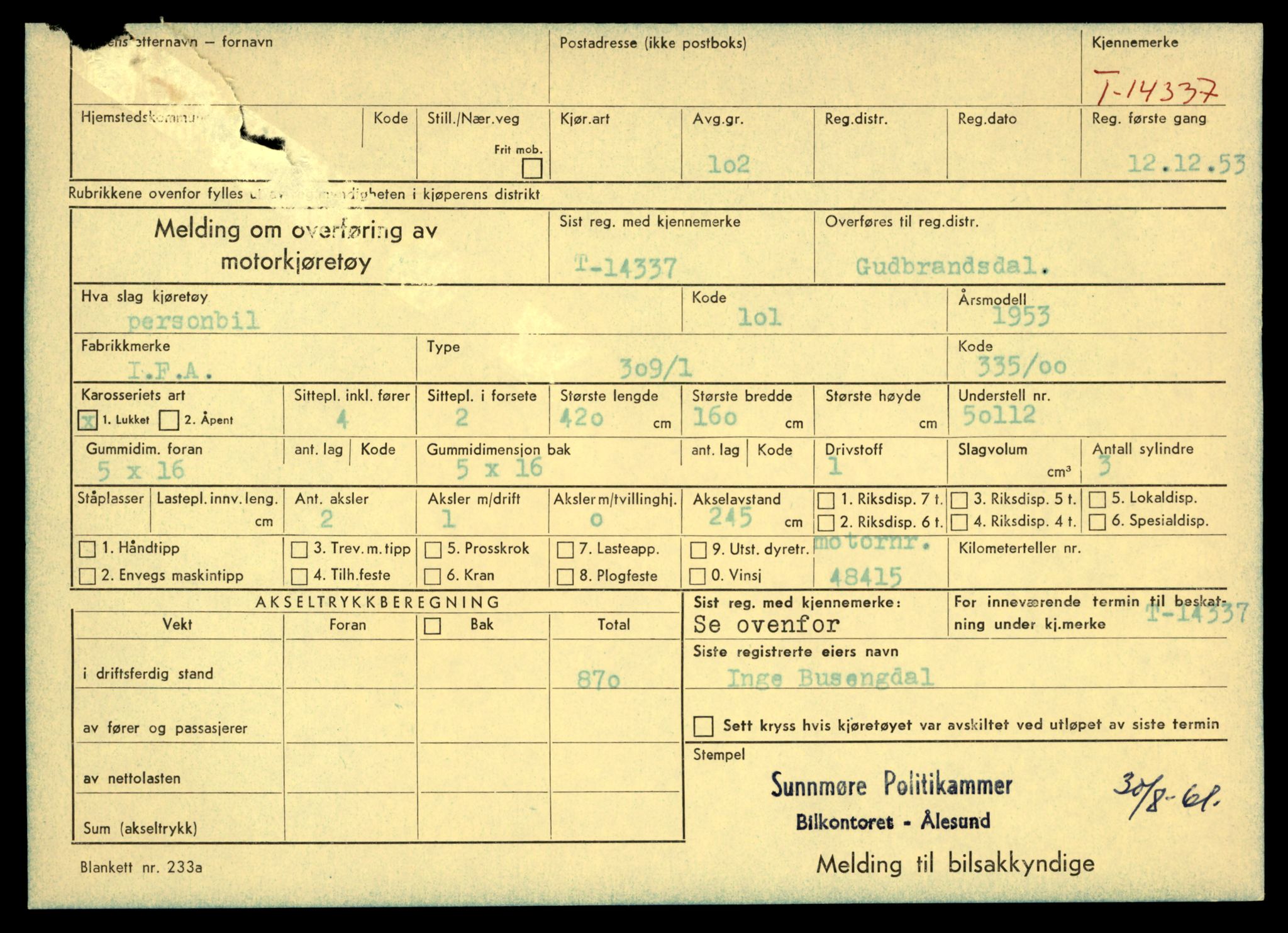 Møre og Romsdal vegkontor - Ålesund trafikkstasjon, AV/SAT-A-4099/F/Fe/L0045: Registreringskort for kjøretøy T 14320 - T 14444, 1927-1998, s. 471