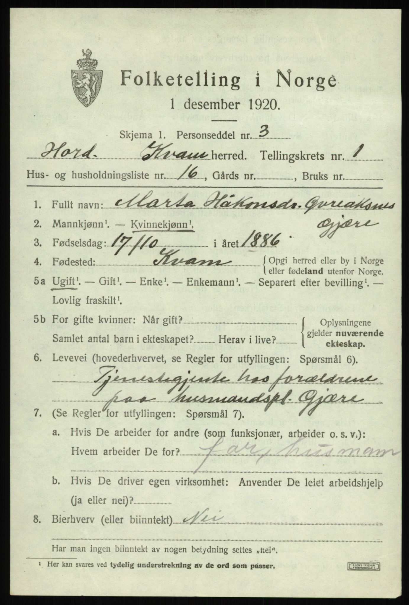 SAB, Folketelling 1920 for 1238 Kvam herred, 1920, s. 1609