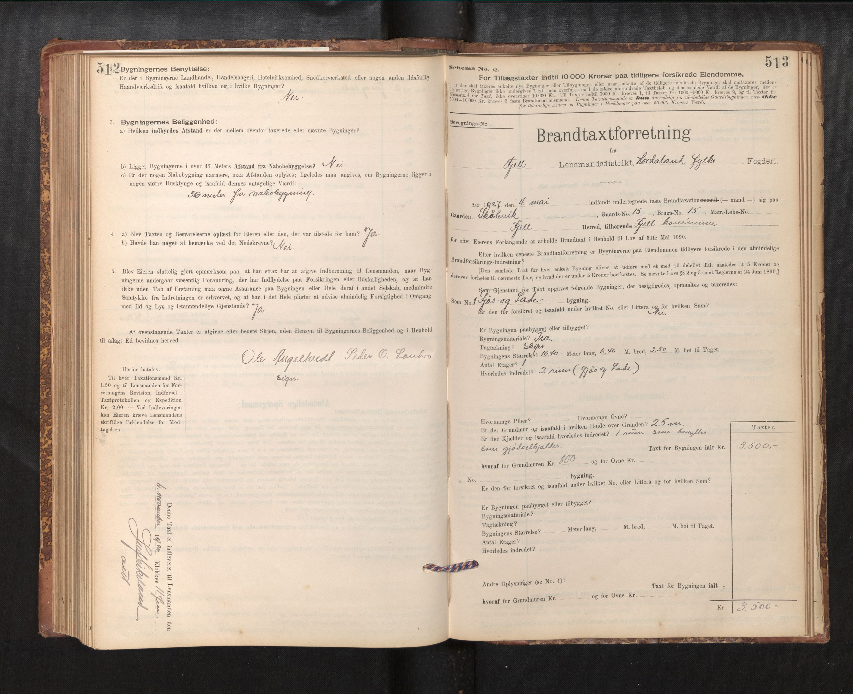 Lensmannen i Fjell, SAB/A-32301/0012/L0005: Branntakstprotokoll, skjematakst, 1895-1931, s. 512-513