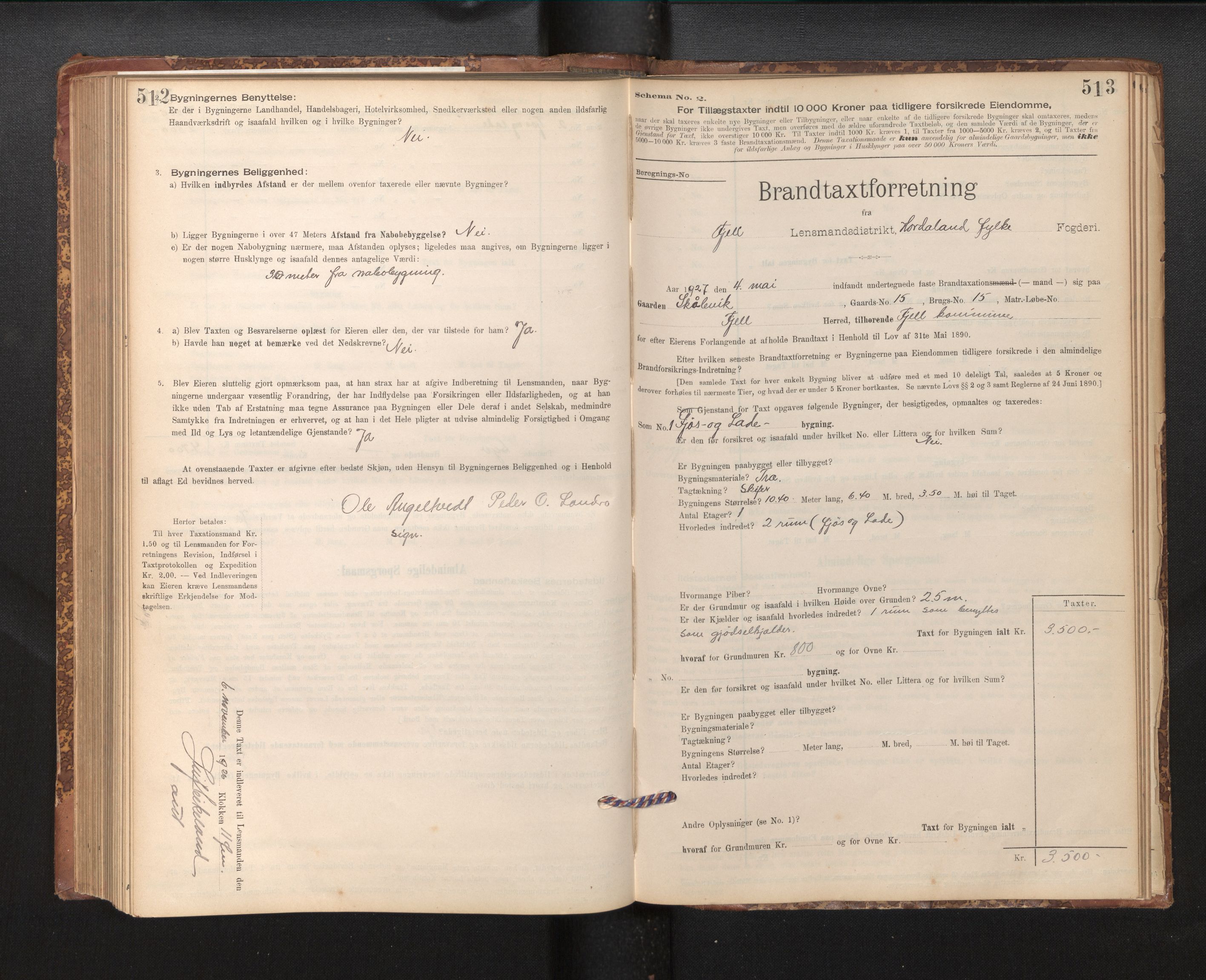Lensmannen i Fjell, AV/SAB-A-32301/0012/L0005: Branntakstprotokoll, skjematakst, 1895-1931, s. 512-513