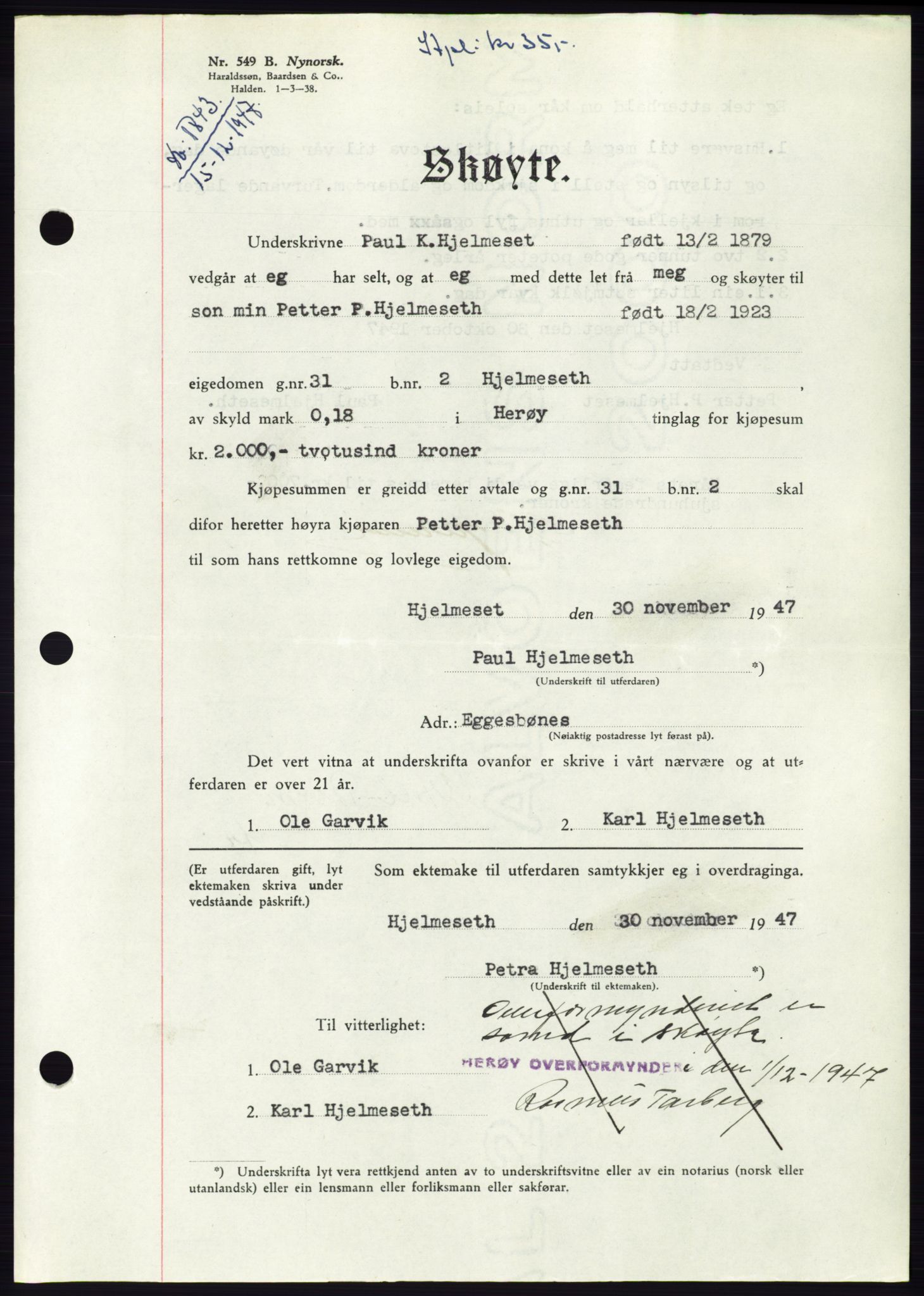 Søre Sunnmøre sorenskriveri, AV/SAT-A-4122/1/2/2C/L0081: Pantebok nr. 7A, 1947-1948, Dagboknr: 1843/1947