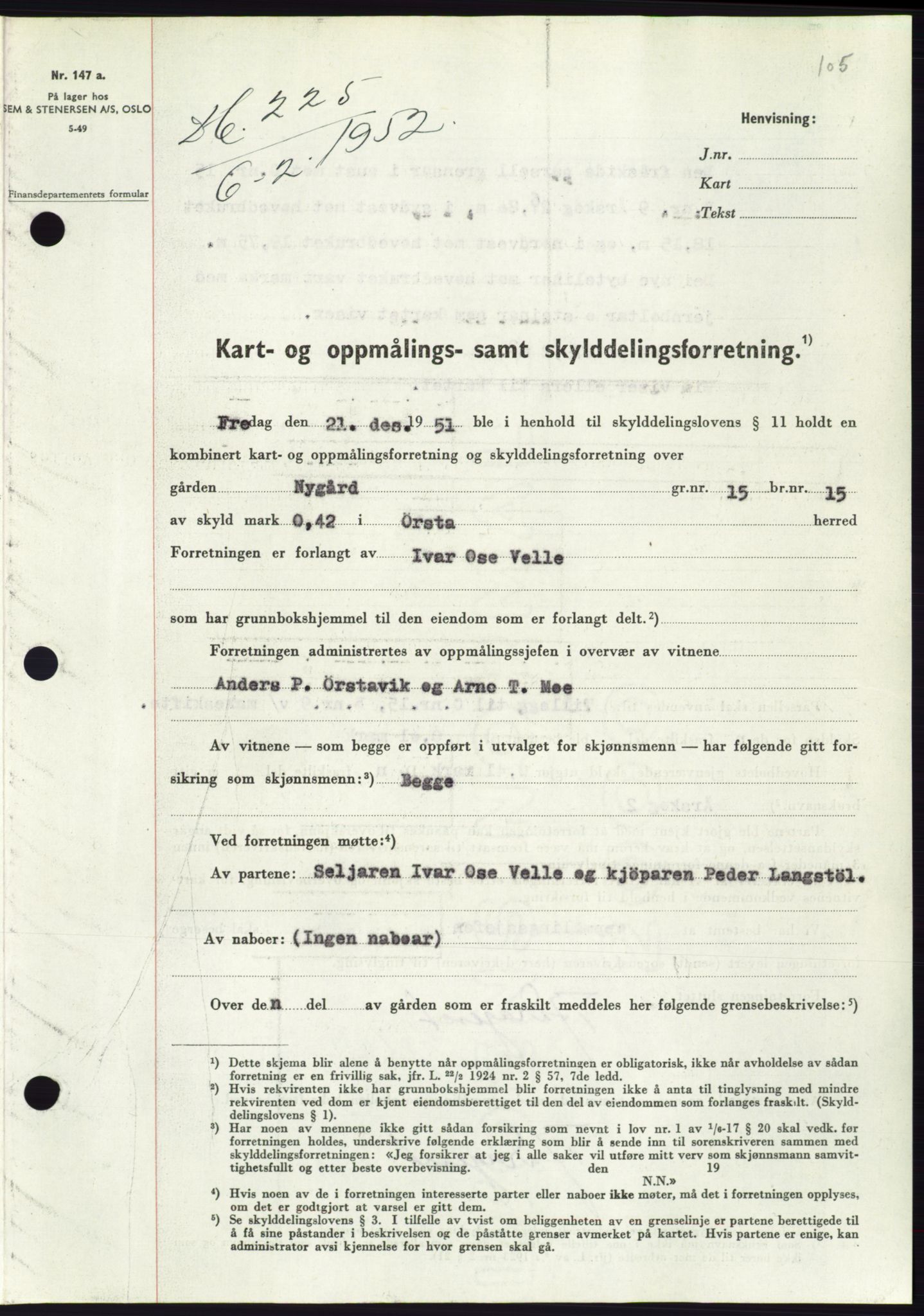 Søre Sunnmøre sorenskriveri, SAT/A-4122/1/2/2C/L0091: Pantebok nr. 17A, 1951-1952, Dagboknr: 225/1952