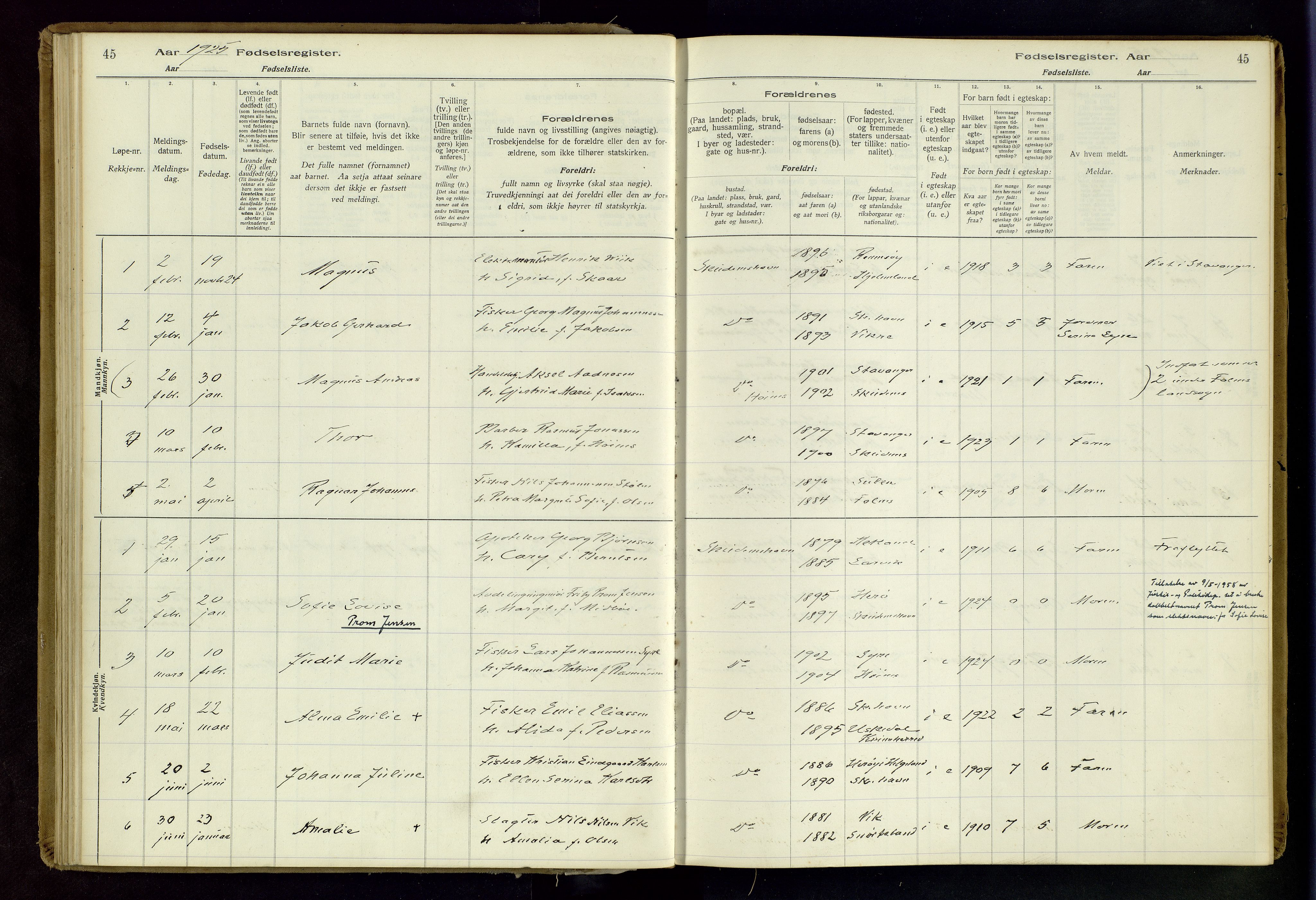 Skudenes sokneprestkontor, SAST/A -101849/I/Id/L0003: Fødselsregister nr. 3, 1916-1964, s. 45