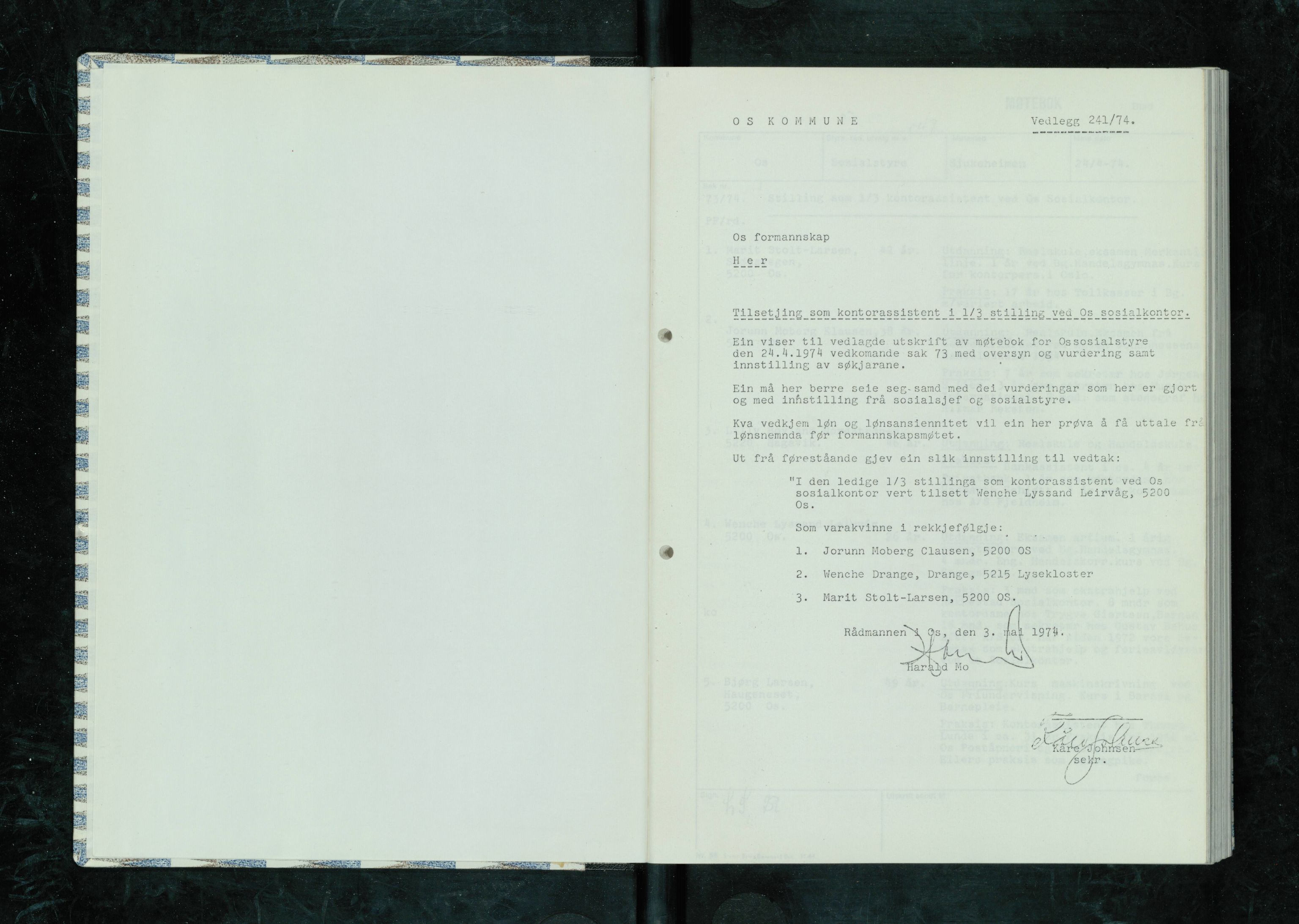 Os kommune. Formannskapet, IKAH/1243-021/A/Ad/L0002: Protokollar over saksvedlegg til møtebøker for formannskapet og kommunestyret. Vedlegg 241-460, 1974