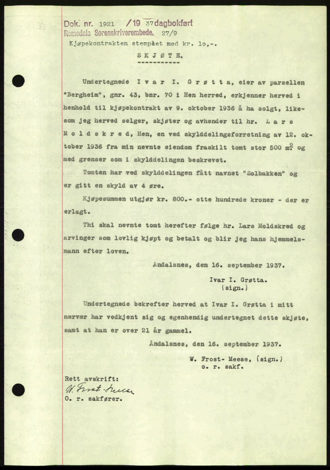 Romsdal sorenskriveri, SAT/A-4149/1/2/2C: Pantebok nr. A3, 1937-1937, Dagboknr: 1921/1937
