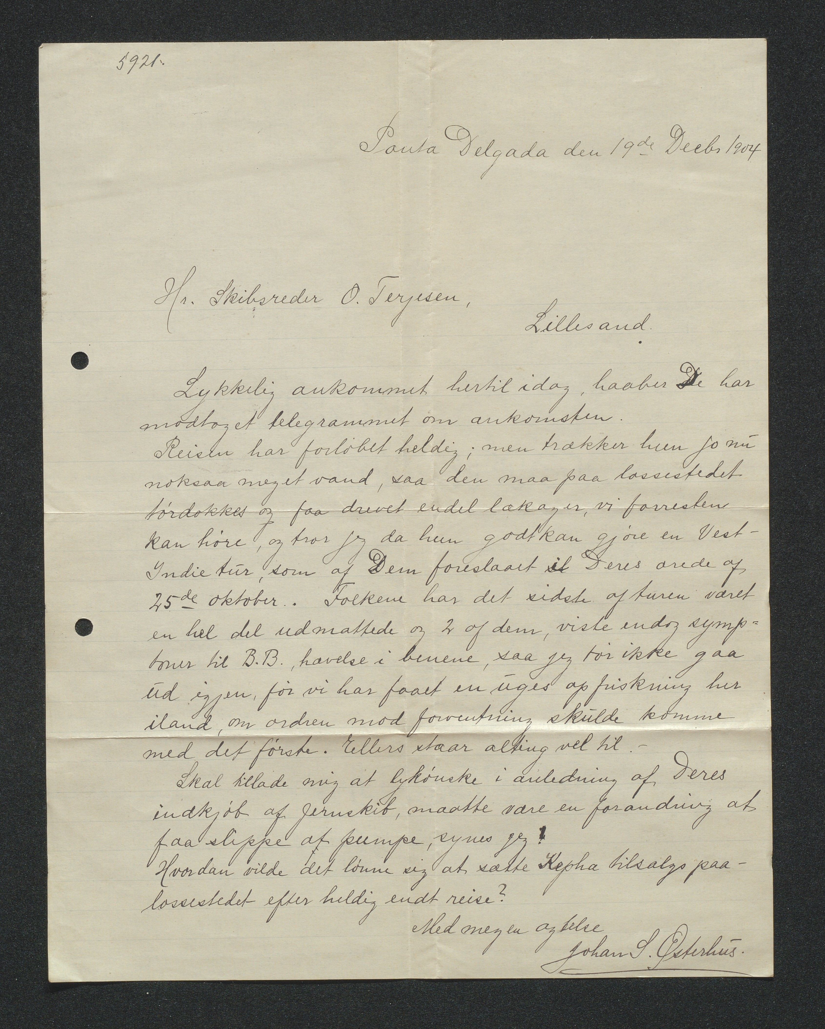 O. Terjesens rederi, AAKS/PA-2525/E/E01/L0013: Korrespondanse, 1904-1905