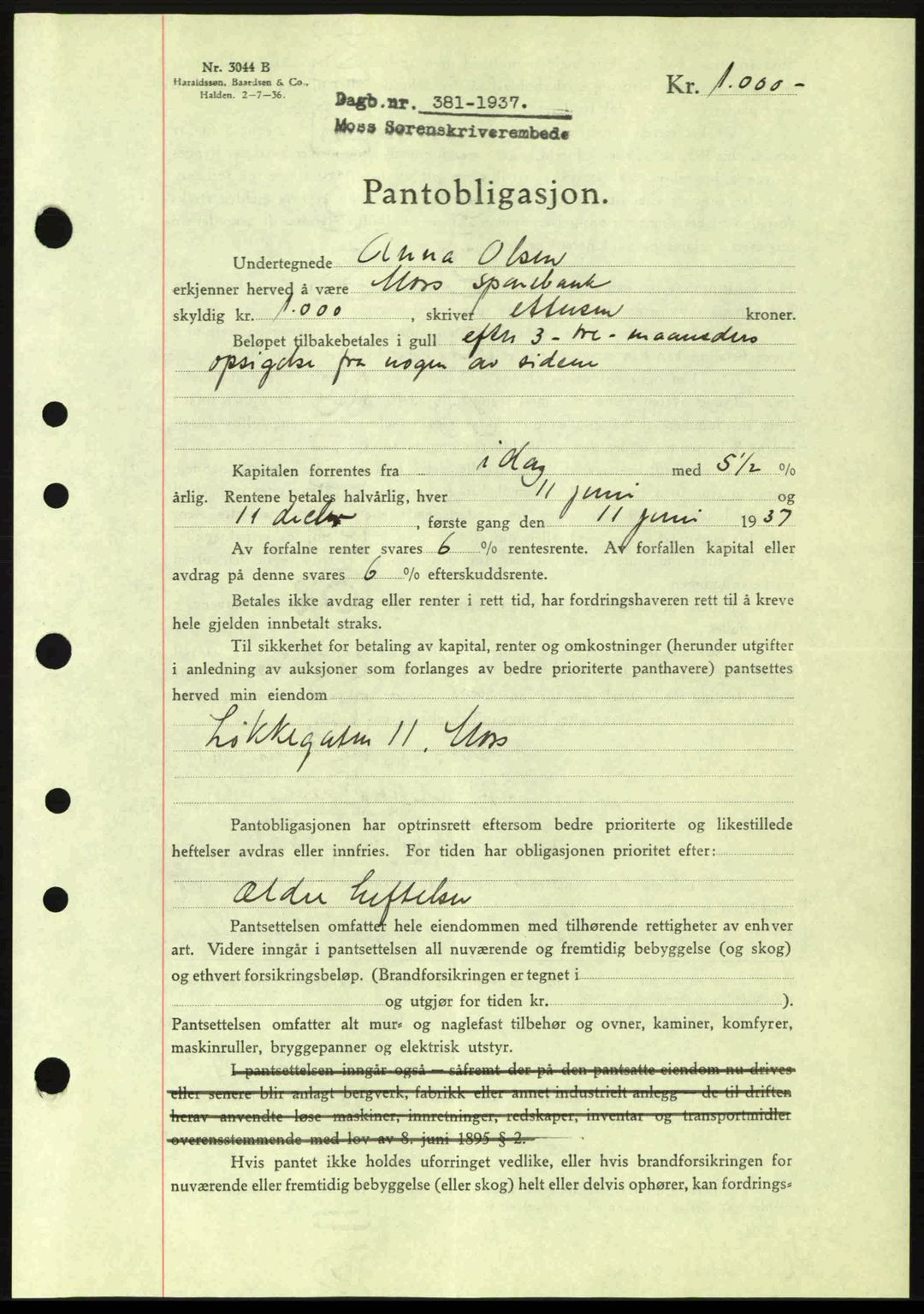 Moss sorenskriveri, SAO/A-10168: Pantebok nr. B3, 1937-1937, Dagboknr: 381/1937