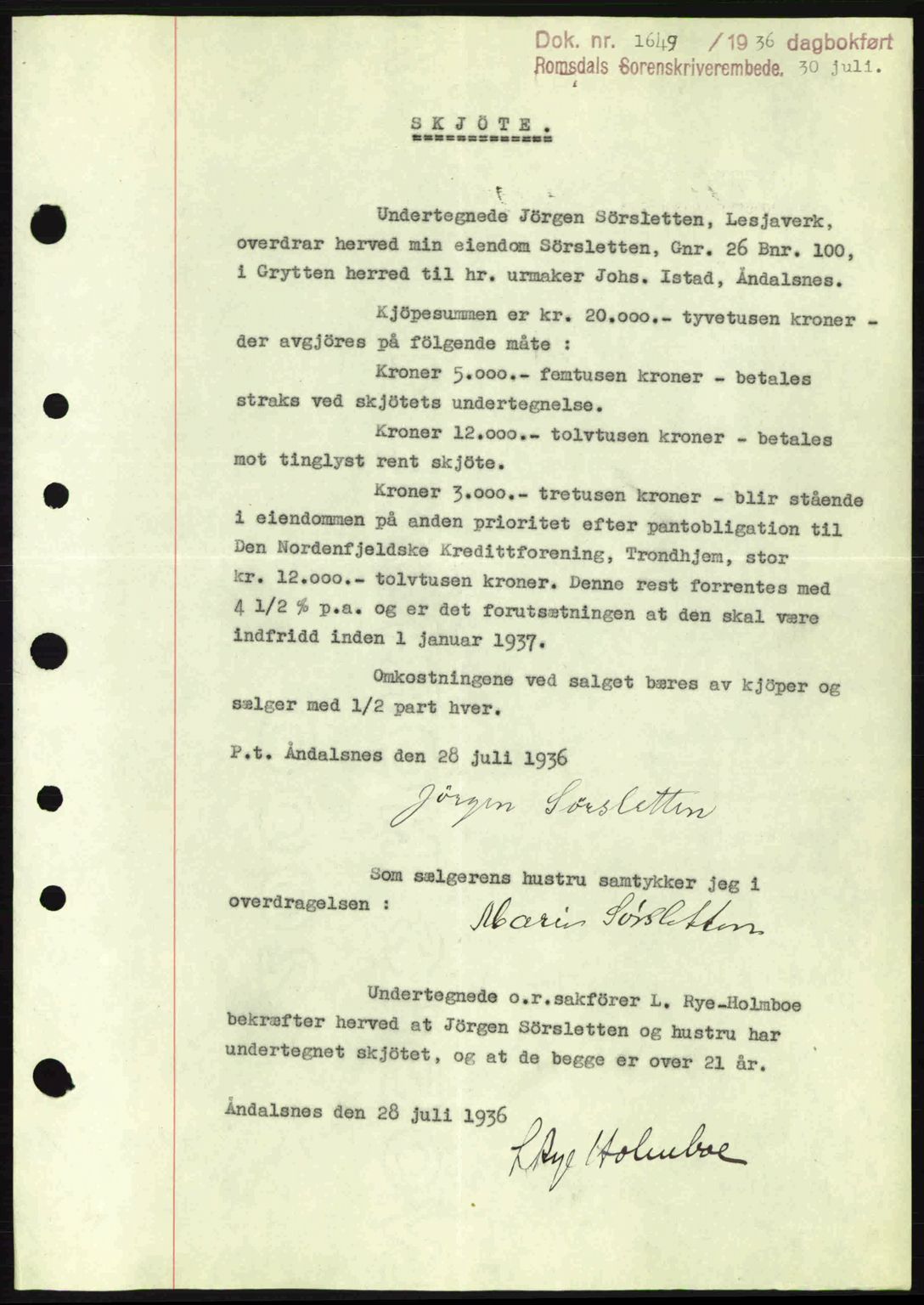 Romsdal sorenskriveri, SAT/A-4149/1/2/2C: Pantebok nr. A1, 1936-1936, Dagboknr: 1649/1936