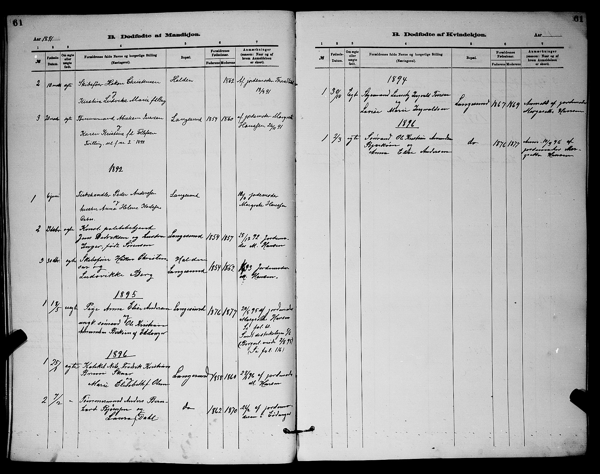 Langesund kirkebøker, AV/SAKO-A-280/G/Ga/L0005: Klokkerbok nr. 5, 1884-1898, s. 61