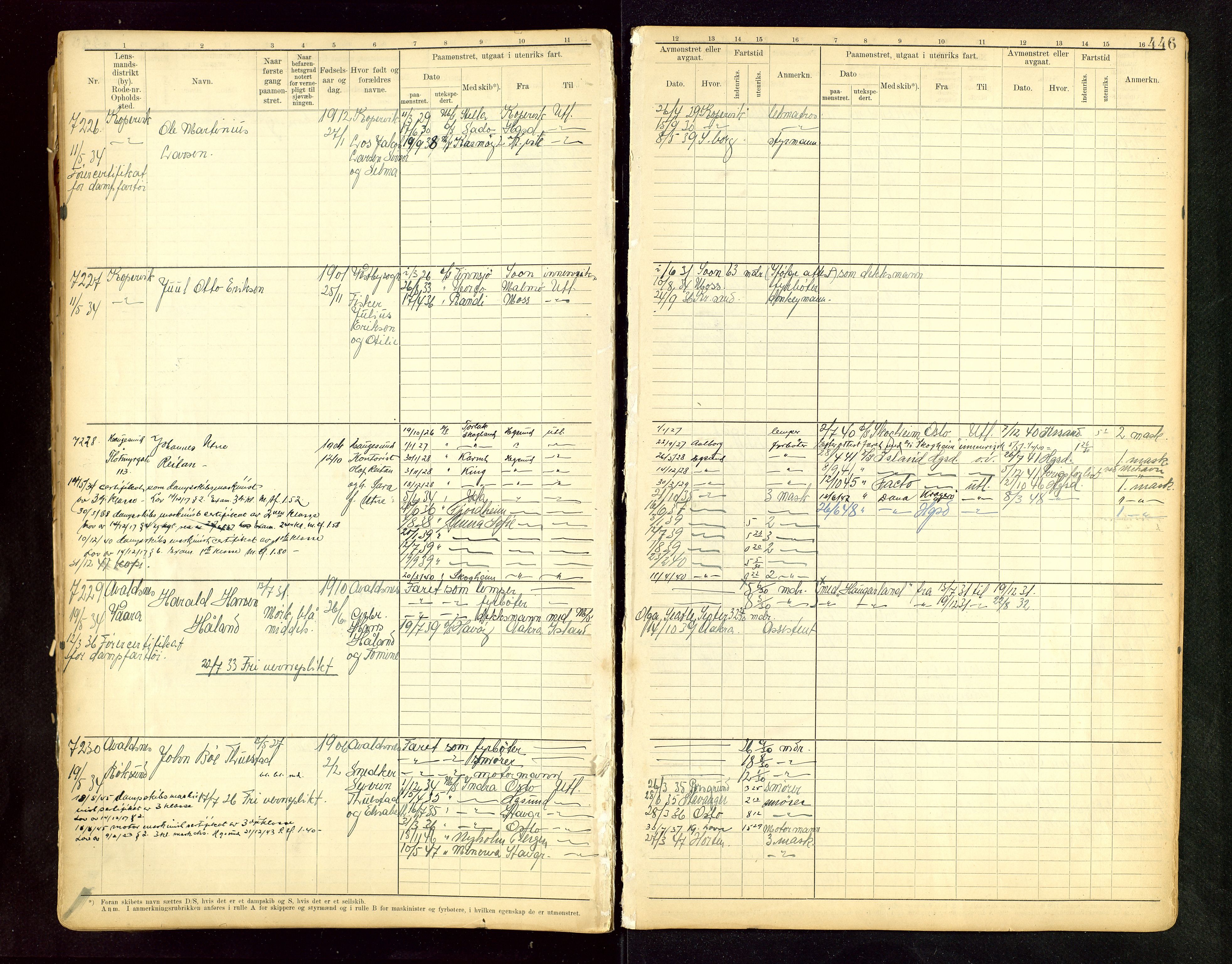 Haugesund sjømannskontor, AV/SAST-A-102007/F/Fb/Fbb/L0015: Sjøfartsrulle A Haugesund krets I nr 5001-8970, 1912-1948, s. 446