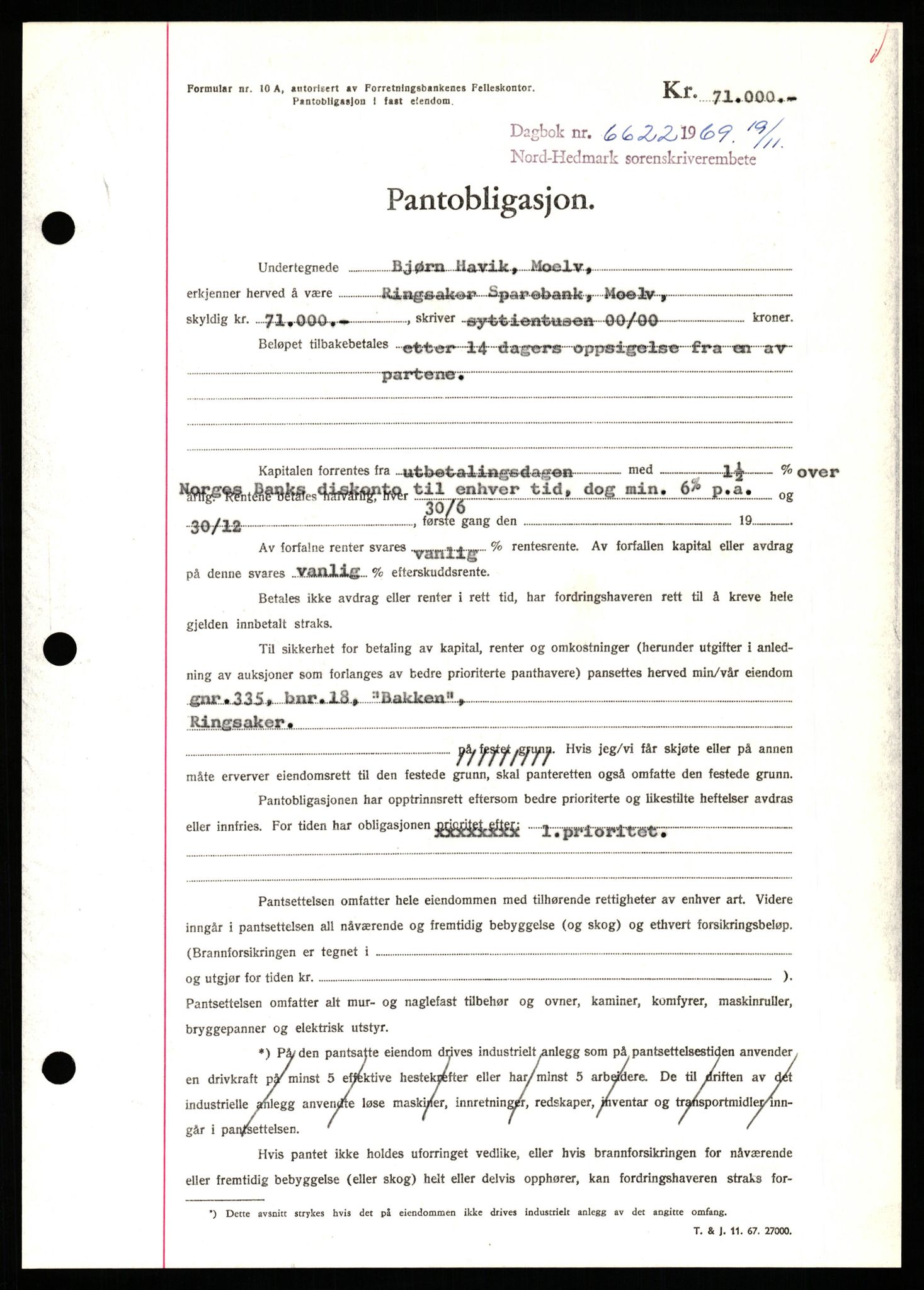 Nord-Hedmark sorenskriveri, SAH/TING-012/H/Hb/Hbf/L0082: Pantebok nr. B82, 1969-1969, Dagboknr: 6622/1969