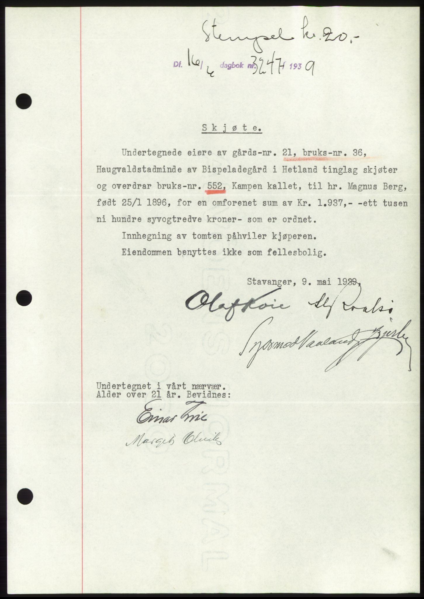 Jæren sorenskriveri, SAST/A-100310/03/G/Gba/L0074: Pantebok, 1939-1939, Dagboknr: 3247/1939