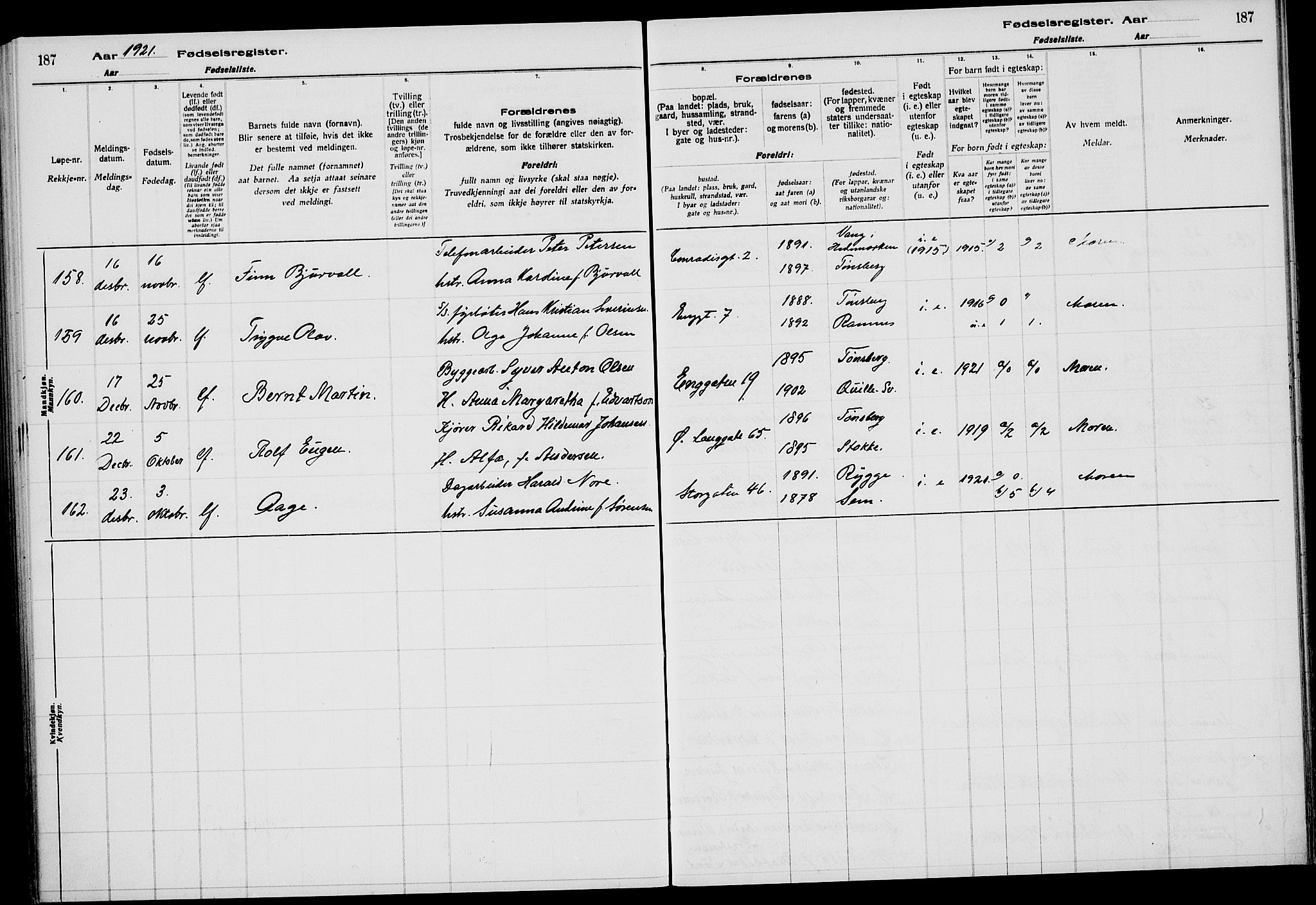 Tønsberg kirkebøker, AV/SAKO-A-330/J/Ja/L0001: Fødselsregister nr. 1, 1916-1922, s. 187