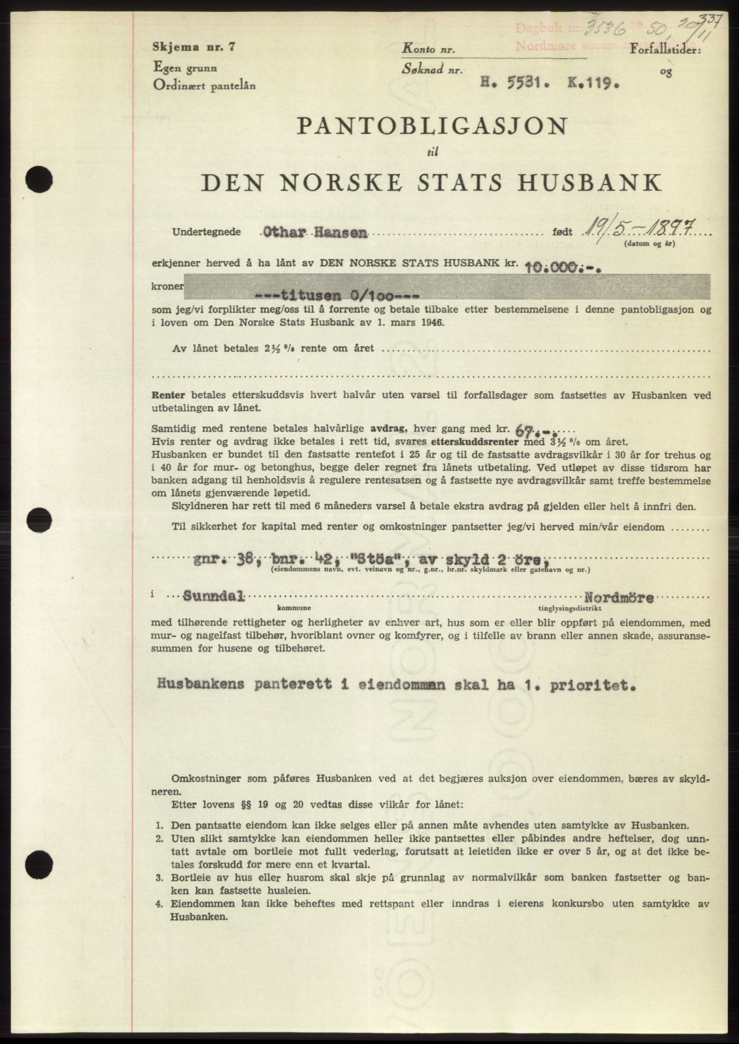 Nordmøre sorenskriveri, SAT/A-4132/1/2/2Ca: Pantebok nr. B106, 1950-1950, Dagboknr: 3536/1950