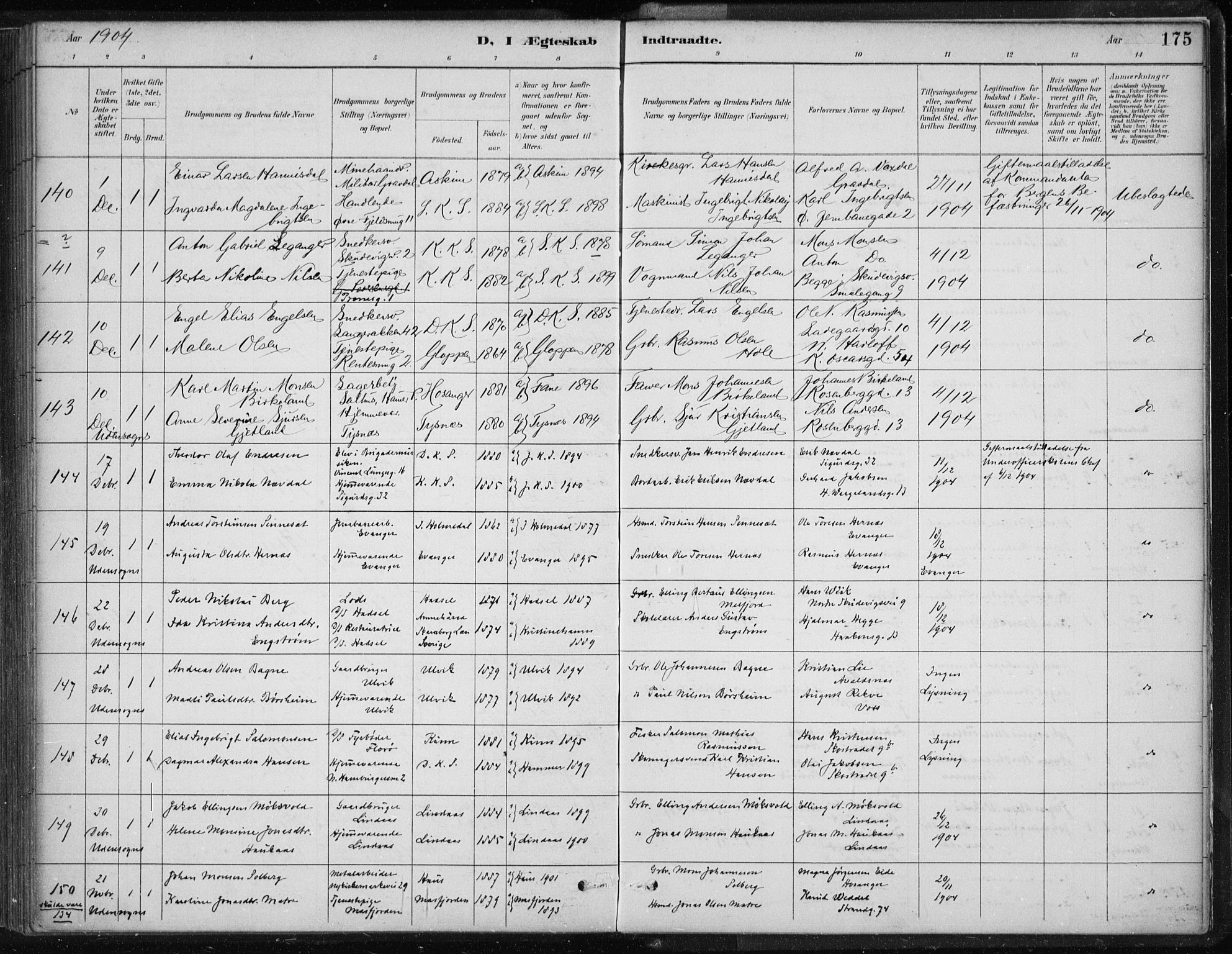 Korskirken sokneprestembete, AV/SAB-A-76101/H/Hab: Klokkerbok nr. D 3, 1887-1906, s. 175