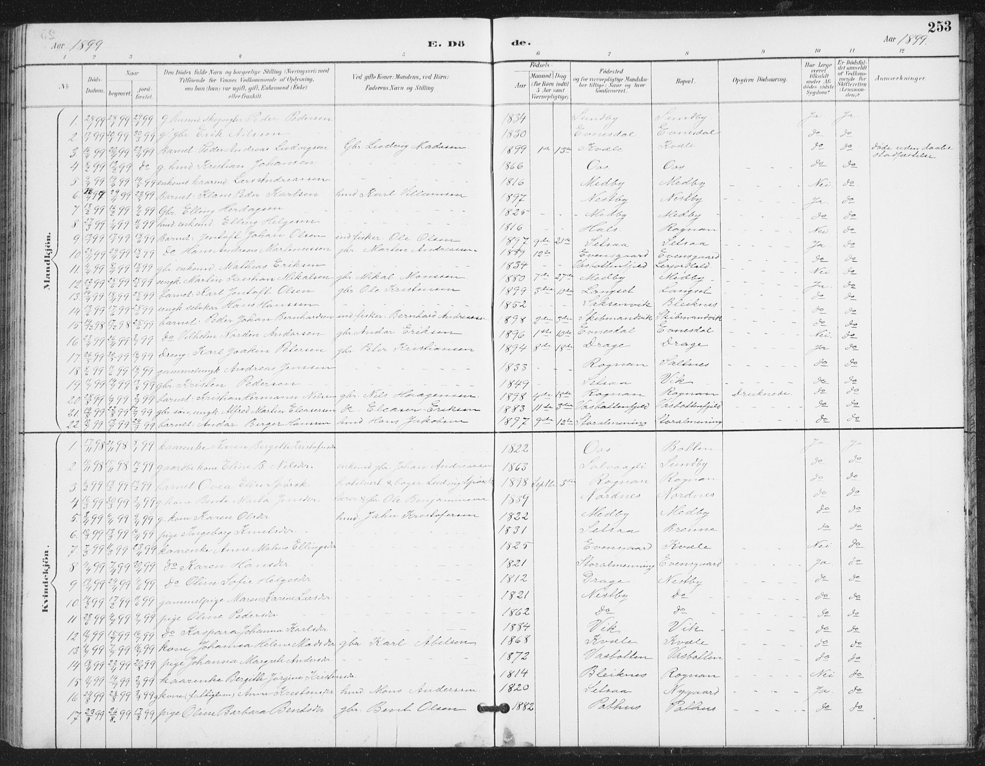 Ministerialprotokoller, klokkerbøker og fødselsregistre - Nordland, SAT/A-1459/847/L0682: Klokkerbok nr. 847C10, 1889-1907, s. 253