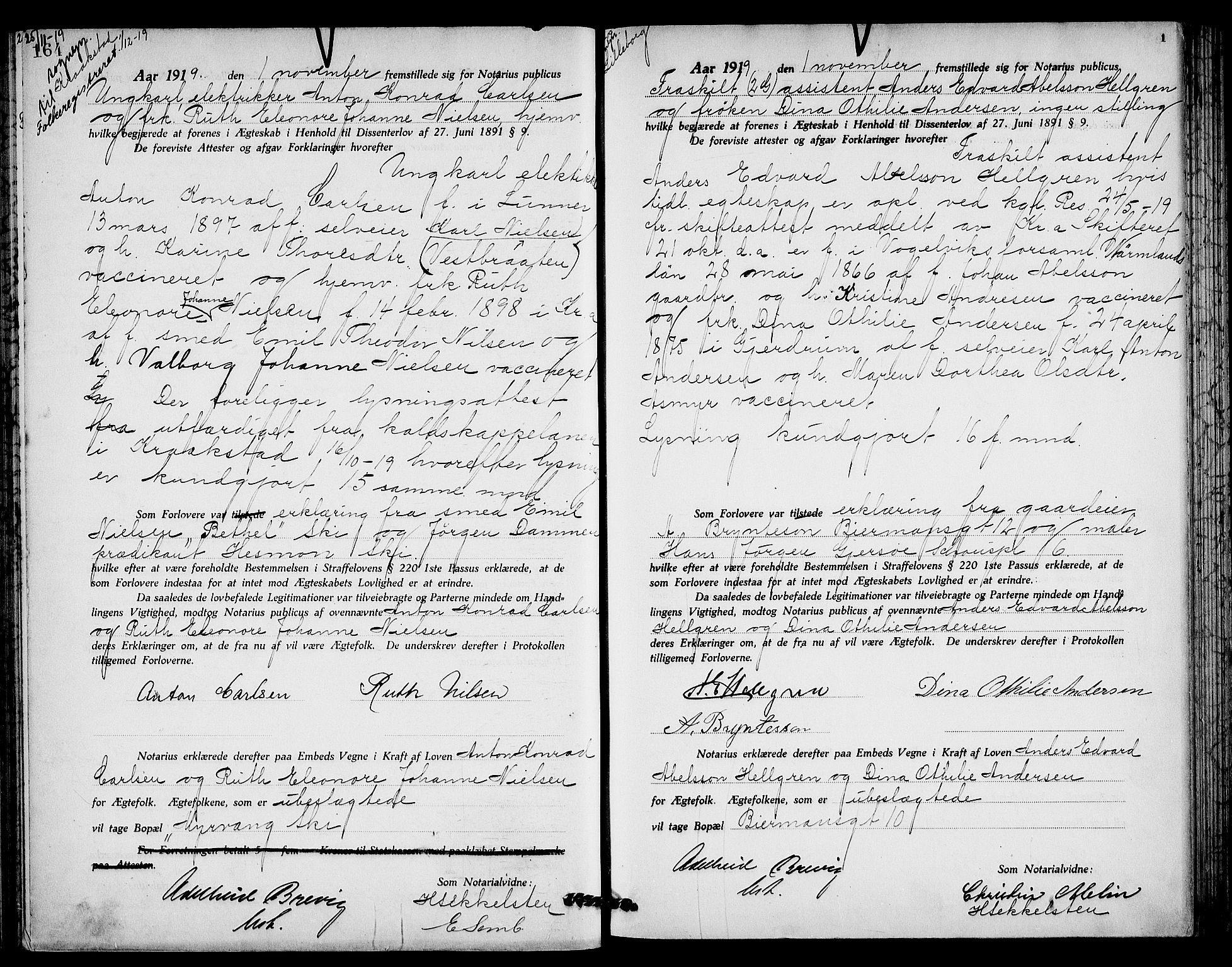 Oslo byfogd avd. I, AV/SAO-A-10220/L/Lb/Lbb/L0013: Notarialprotokoll, rekke II: Vigsler, 1919-1920, s. 164-1