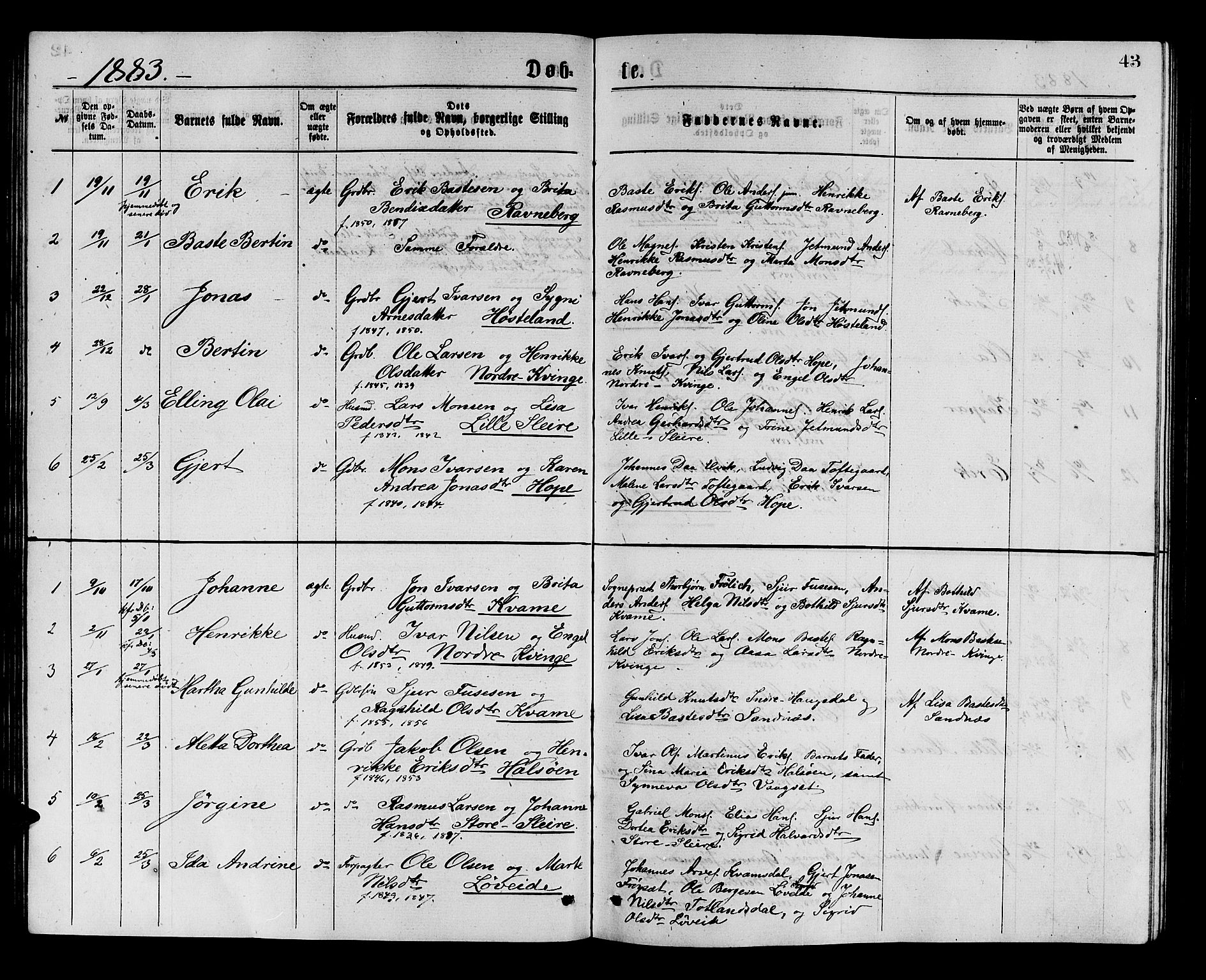 Masfjorden sokneprestembete, AV/SAB-A-77001: Klokkerbok nr. A 2, 1876-1891, s. 43