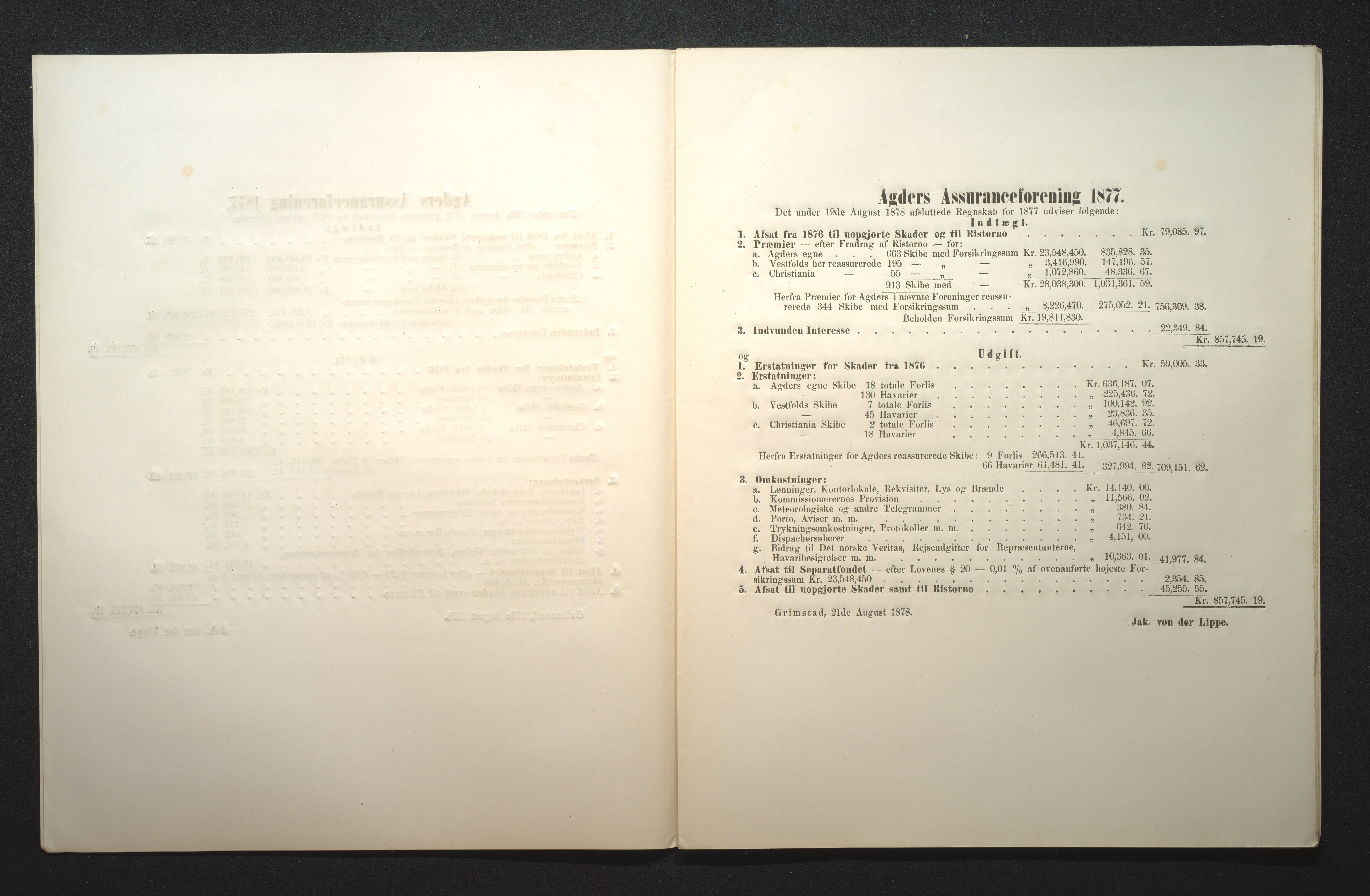 Agders Gjensidige Assuranceforening, AAKS/PA-1718/05/L0001: Regnskap, seilavdeling, pakkesak, 1855-1880