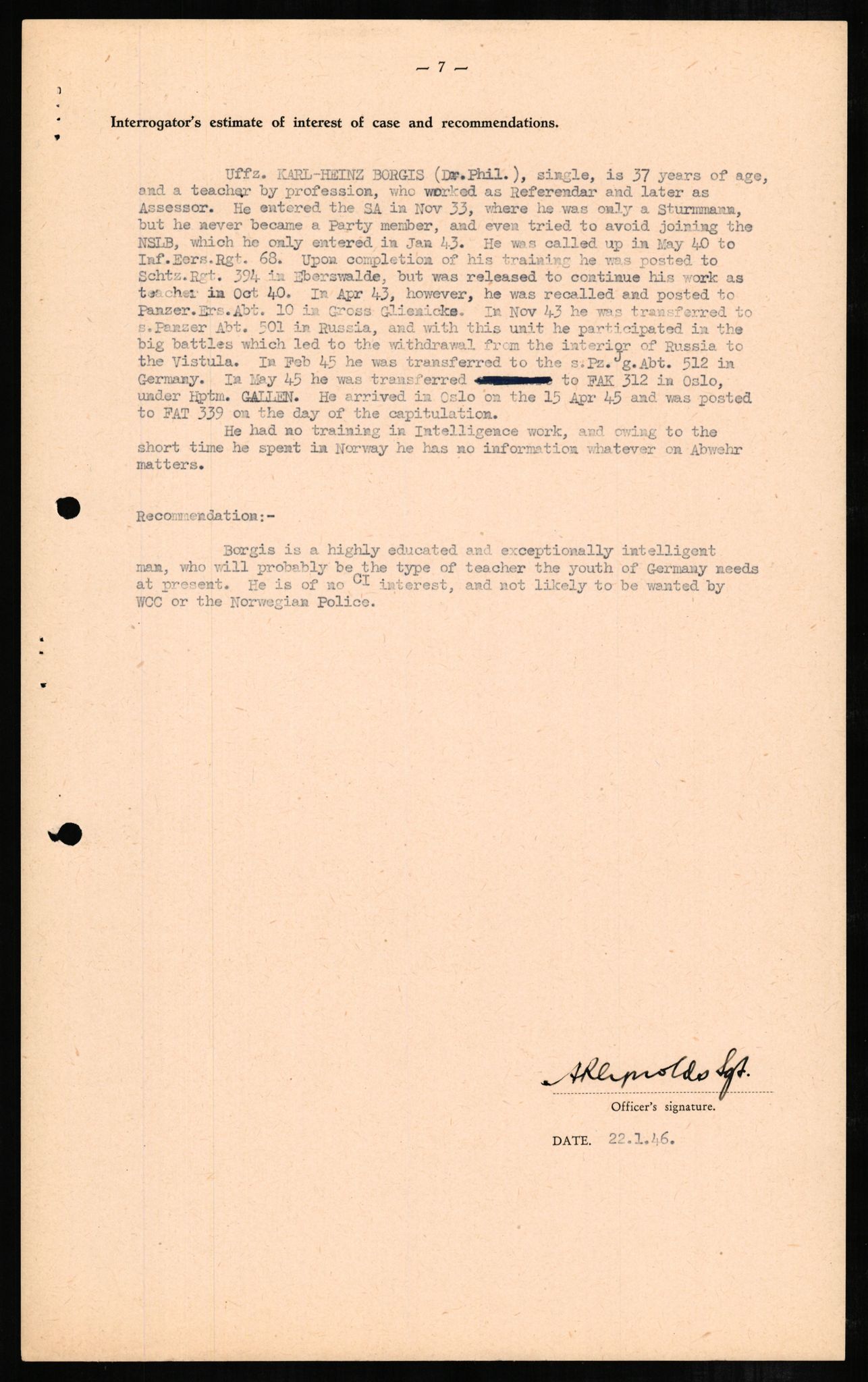 Forsvaret, Forsvarets overkommando II, AV/RA-RAFA-3915/D/Db/L0003: CI Questionaires. Tyske okkupasjonsstyrker i Norge. Tyskere., 1945-1946, s. 624