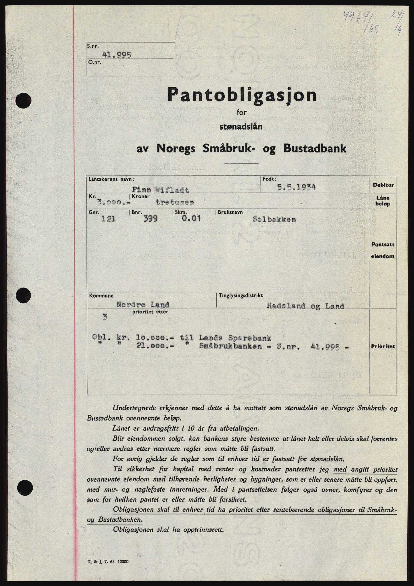 Hadeland og Land tingrett, SAH/TING-010/H/Hb/Hbc/L0060: Pantebok nr. B60, 1965-1965, Dagboknr: 4964/1965