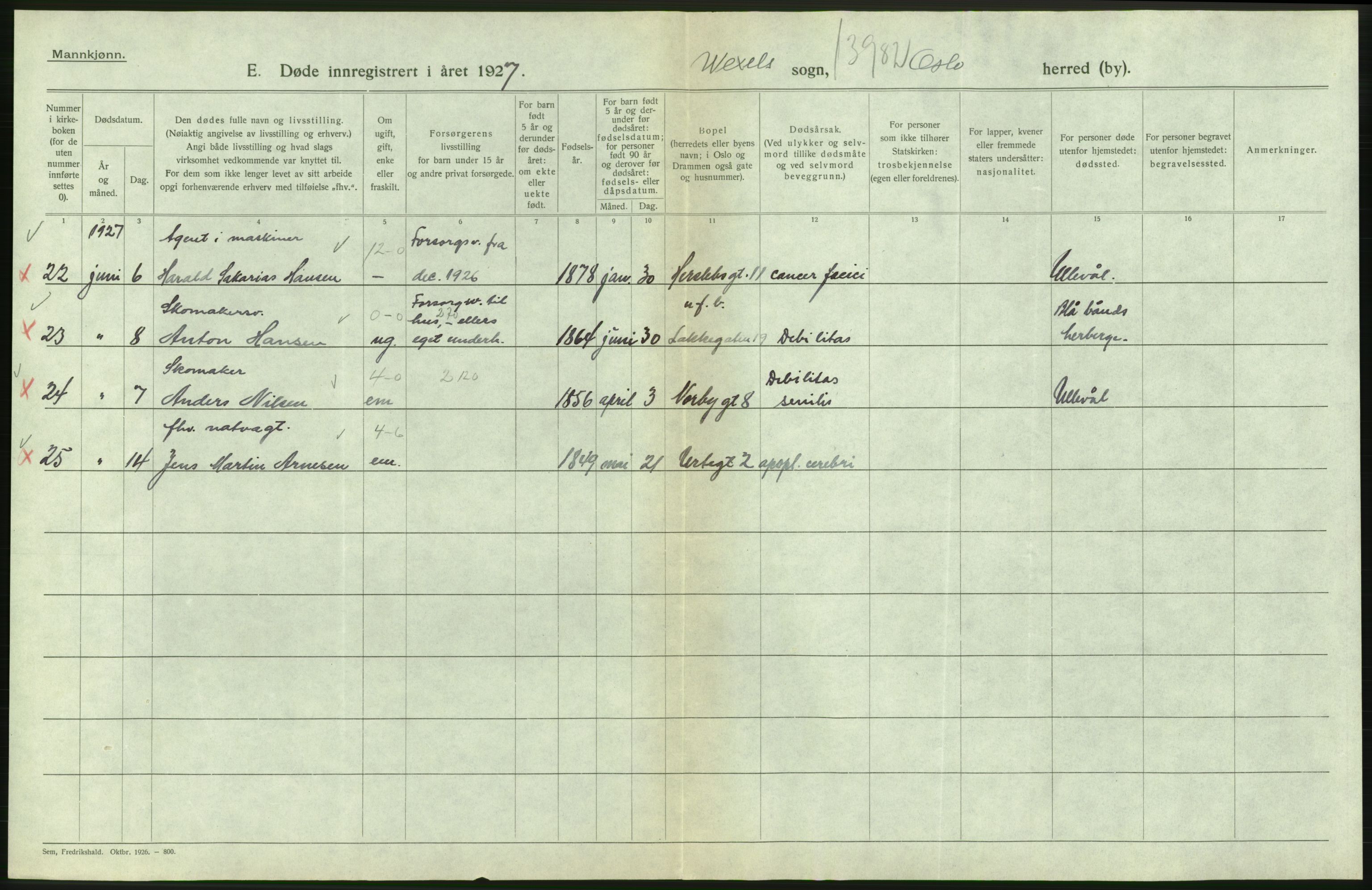 Statistisk sentralbyrå, Sosiodemografiske emner, Befolkning, AV/RA-S-2228/D/Df/Dfc/Dfcg/L0009: Oslo: Døde menn, 1927, s. 454